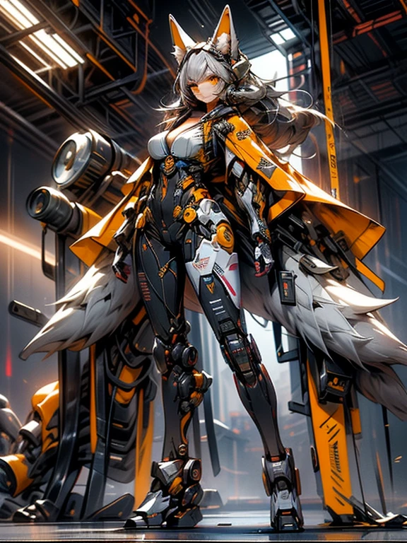 (masterpiece), (best quality:1.4), (perfect anatomy:1.4), high quality, expressive eyes, full body, tall girl, detailed face, beautiful face, perfect face, breasts, cleavage, gloves, huge breasts, cyberpunk, (black armor), long hair, ((tanned skin)), straight hair, detailed (ash gray hair), detailed eyes, (yellow eyes), fox ears, fox tail, hourglass physique, bodysuit, thick thighs, toned, emblem, superhero, dynamic lighting, 4k resolution, dynamic pose, cover, mecha musume, fortified suit, mechanical parts, headgear, robot joints, bodysuit, deva battle suit, glove