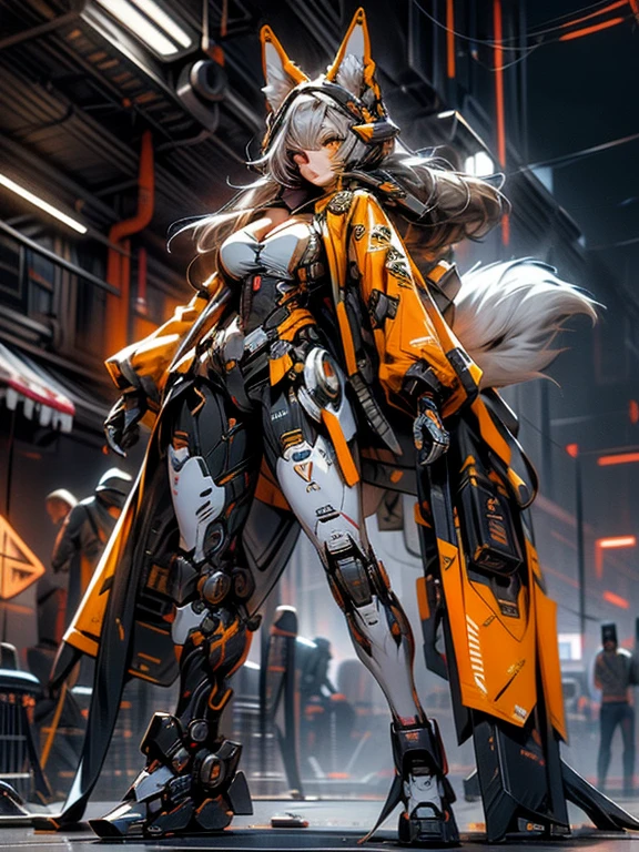 (masterpiece), (best quality:1.4), (perfect anatomy:1.4), high quality, expressive eyes, full body, tall girl, detailed face, beautiful face, perfect face, breasts, cleavage, gloves, huge breasts, cyberpunk, (black armor), long hair, ((tanned skin)), straight hair, detailed (ash gray hair), detailed eyes, (yellow eyes), fox ears, fox tail, hourglass physique, bodysuit, thick thighs, toned, emblem, superhero, dynamic lighting, 4k resolution, dynamic pose, cover, mecha musume, fortified suit, mechanical parts, headgear, robot joints, bodysuit, deva battle suit, glove