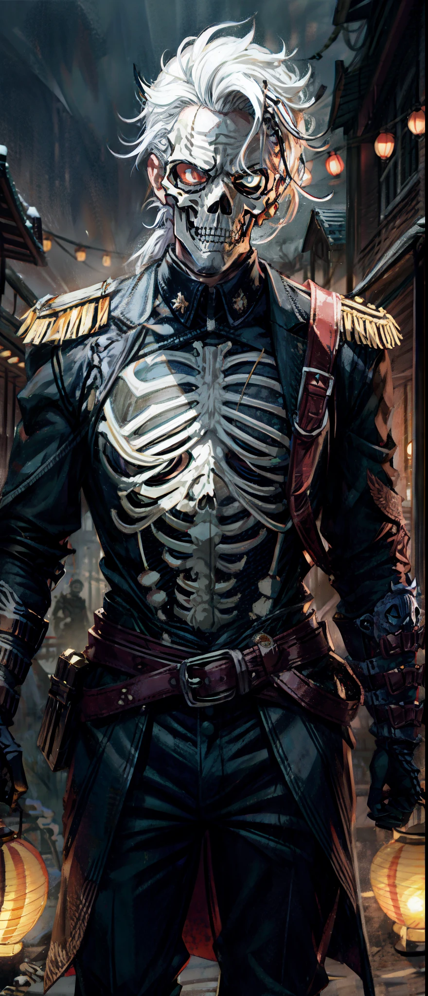 (tmasterpiece:1.2,Best quality,A high resolution,ultra - detailed:0.2),profesional lighting,hazy atmosphere,detailedbackground,shadows in background,Silhouette of a young man with white hair,Wearing a skeleton military uniform,lanterns,The ferocious farmer,Handsome and charming, Wearing a skeleton mask