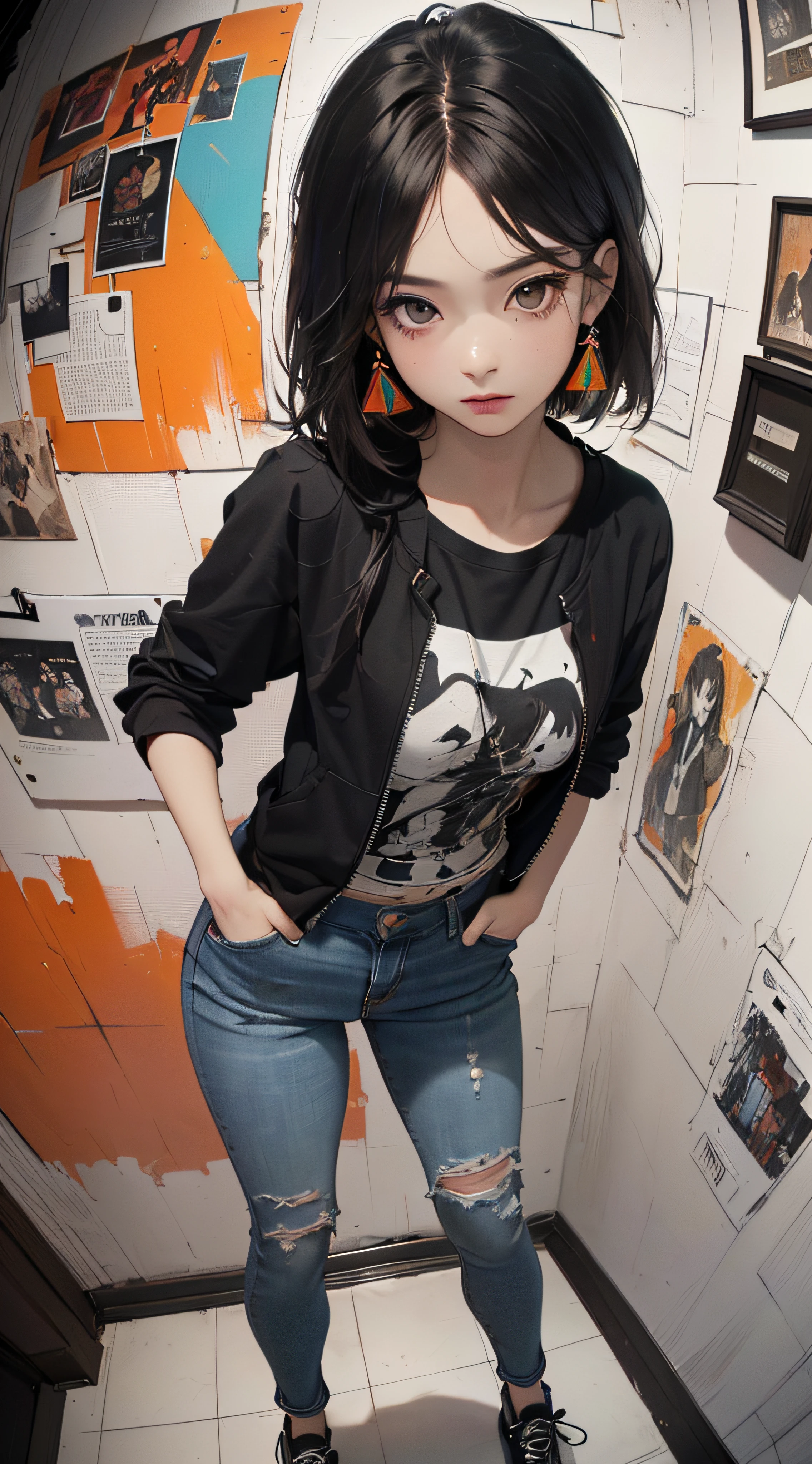 ((8k wallpaper of extremely detailed CG unit:1.2, masterpiece, hight resolution:1.2, top-quality:1.2, masutepiece)), ((a very beautiful woman, Hands in pockets:1.8, Street fashion, Wearing a blouson, wearing skinny jeans, Wearing shoes)), ((extra detailed face, Highly detailed black eyes, Contrasting eyes, extra detailed body, Top quality real texture skins:1.2)), (A dark-haired, length hair, de pele branca), ((rainbow paint wall)), (high-angle:1.1, Fisheye:1.3), hyper realisitic, digitial painting,