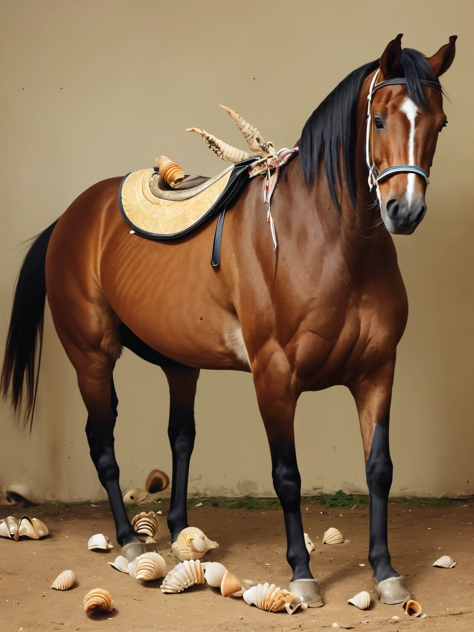 A horse with shells attached to its legs