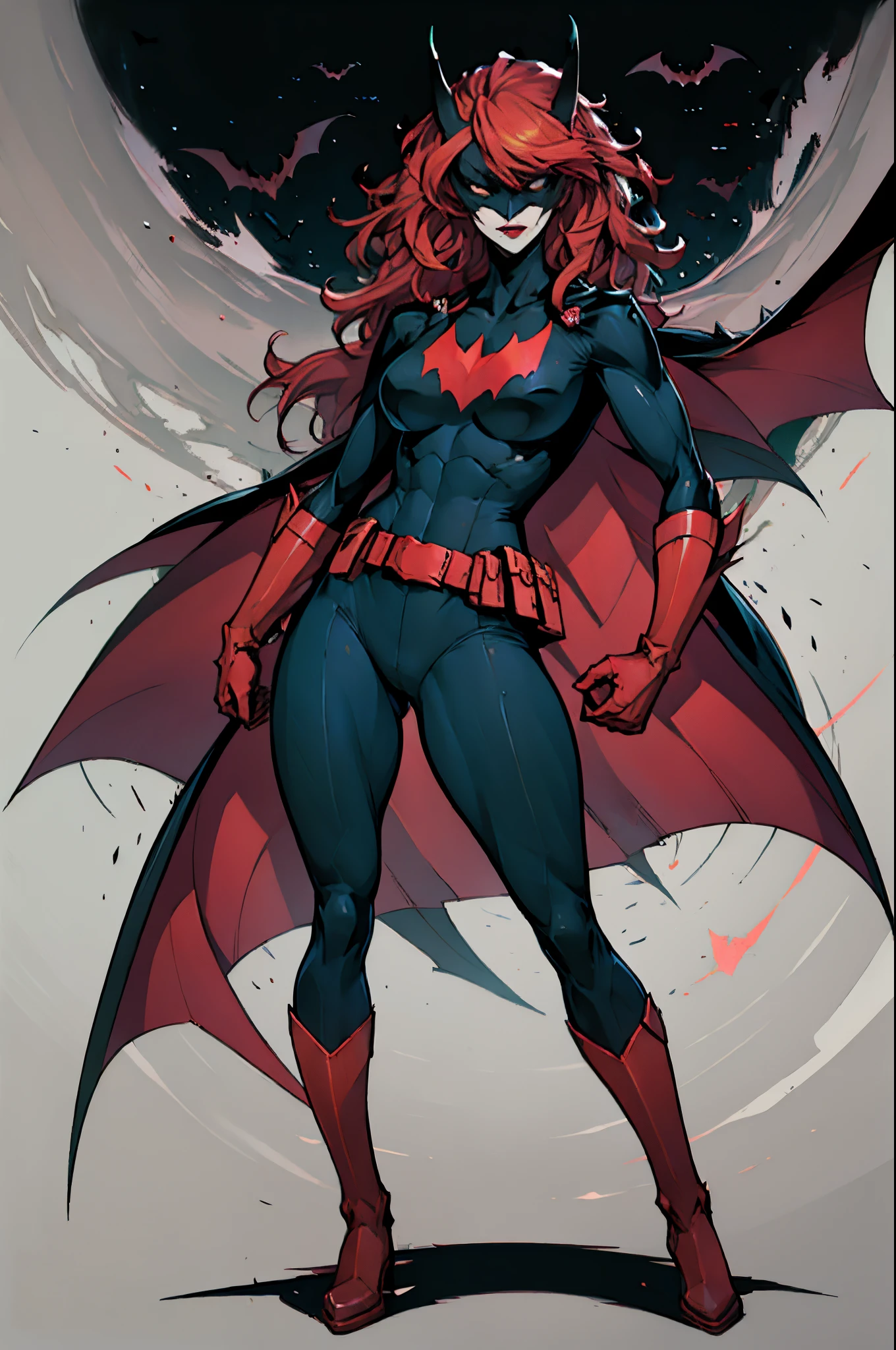 Batwoman,person, woman, red gloves, clothing, cape, gloves, lipstick, solo, mask, female, red cape, bodysuit, red footwear, superhero, anime, utility belt, black bodysuit, pouch, breasts, red hair, bat (animal), teeth, red belt, bat claw, long hair, pointed arm accessory, costume, makeup, full body, red arm acessory,8K, ultra detalhe