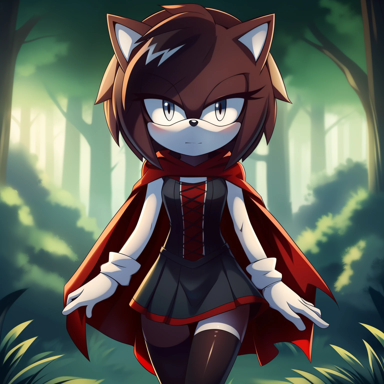 ruby rose, dark crimson fur, short hair, mistralrose, dress, corset, red cape, thighhighs, (grey/silver eyes), ((Mobian)), ((Hedgehog)), ((Ruby Rose as a Mobian)), (1girl), (solo), outdoors, night, nature, forest, looking at viewer, (cowboy shot:1.5), ((masterpiece:1.2), best quality, detailed, perfect lighting, (perfect hands), 2D Anime style)