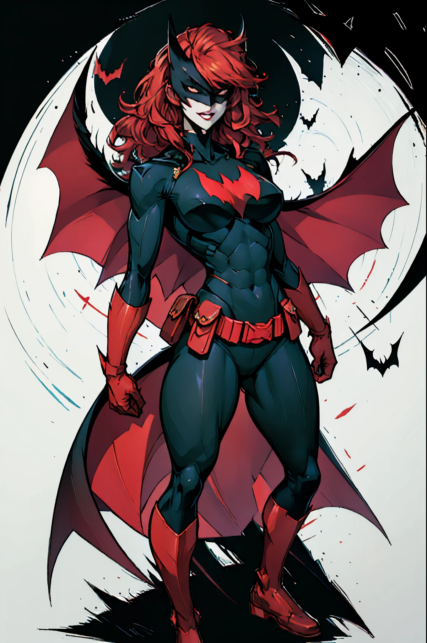 Batwoman,person, woman, red gloves, clothing, cape, gloves, lipstick, solo, mask, female, red cape, bodysuit, red footwear, superhero, anime, utility belt, black bodysuit, pouch, breasts, red hair, bat (animal), teeth, red belt, bat claw, long hair, pointed arm accessory, costume, makeup, full body, red arm acessory,8K, ultra detalhe