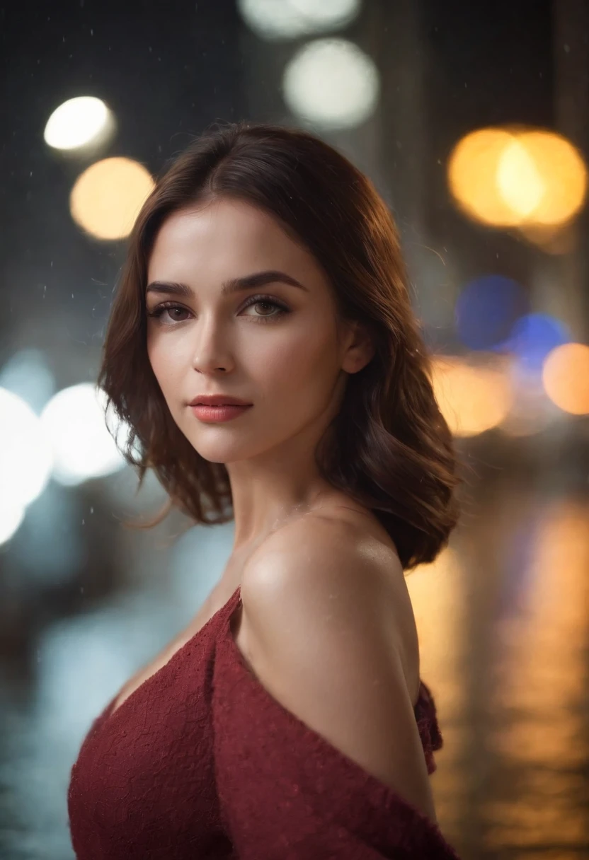 Blue Eyes), smiling, beautiful woman of 35 years old, short shoulder length hair (bob), pale white skin (highly detailed), bright blue eyes, perfect body, makeup, red lips, ((small breast). (Best Quality, 8k, Masterpiece: 1.3), perfect hands, Clear Focus: 1.2, Perfect Body Beauty: 1.4 , Slender Abs: 1.2, Highly detailed face and skin texture, detailed eyes, double eyelids, red lips, (very long sweater), tight jeans, standing, dynamic pose, look back, in an amusement park at night illuminated by the lights of the games, Colored lights, deep on field