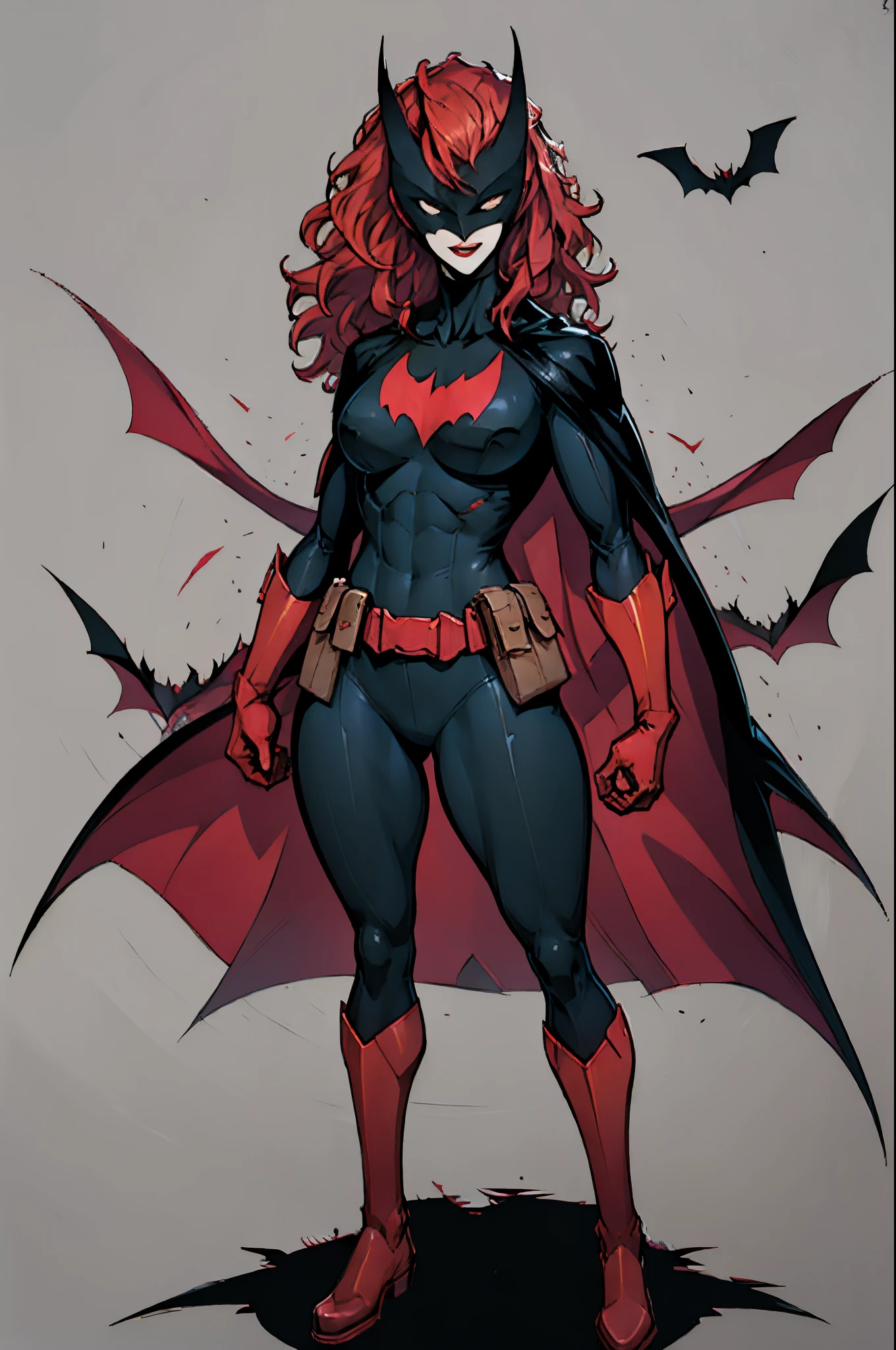 Batwoman,person, woman, red gloves, clothing, cape, gloves, lipstick, solo, mask, female, red cape, bodysuit, red footwear, superhero, anime, utility belt, black bodysuit, pouch, breasts, red hair, bat (animal), teeth, red belt, bat claw, long hair, pointed arm accessory, costume, makeup, full body, red arm acessory,8K, ultra detalhe