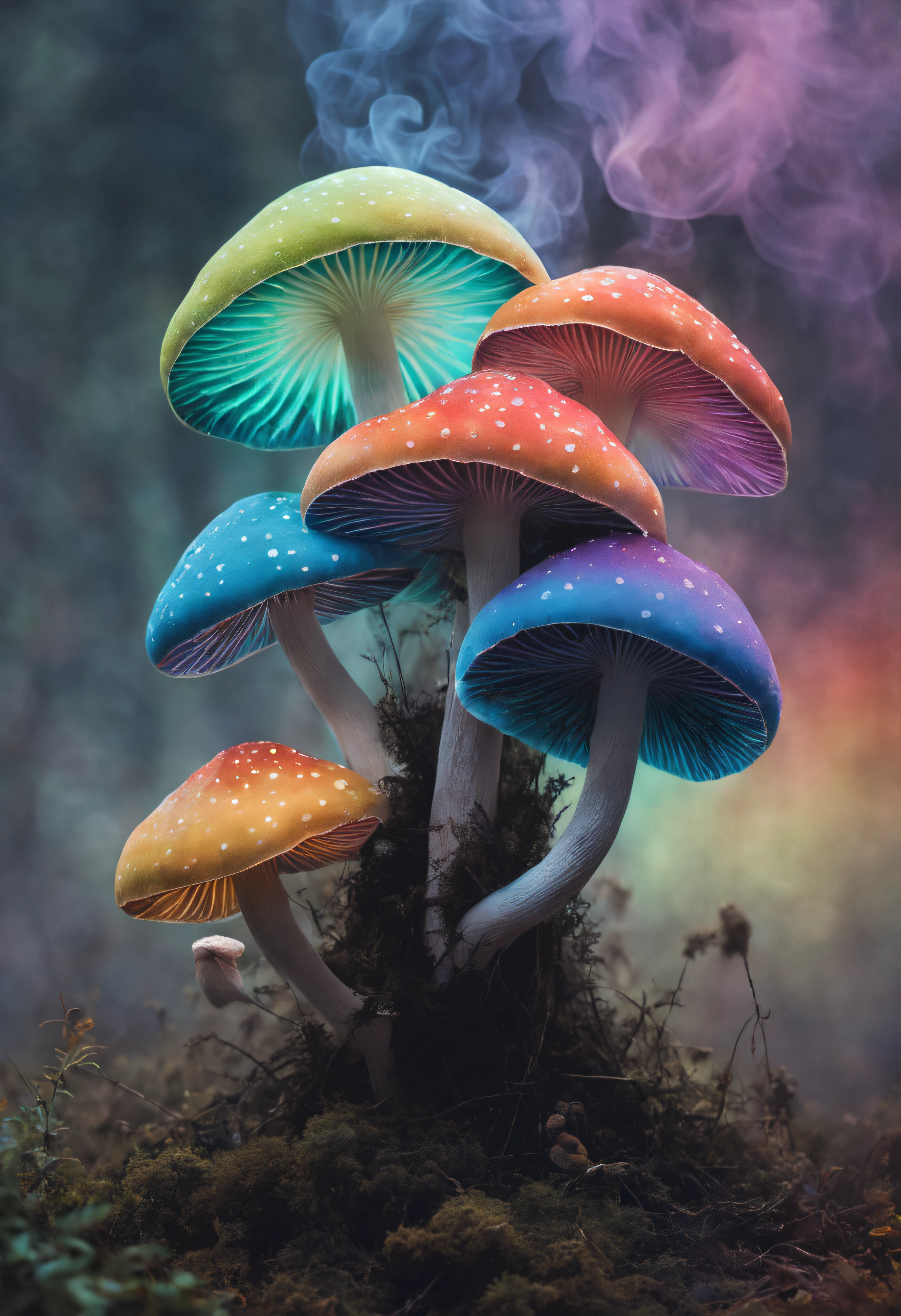 The main thing is one mushroom..、Many thorns grow from the head、(((Half of the mushroom is represented by smoke、Mushrooms changing from rainbow colored smoke)))、Mesmerizing surreal movie stills of Alice in Wonderland,、 magical dreamland bokeh background, A fascinating and eerie fantasy world, Illuminates dark shooting scenes with fantastic light。, Otherworldly elements of a familiar story, ether wonderland, mystic atmosphere, Dark magic and dark fantasy realism aesthetics, translucent bioluminescent material、Otherworldly luminescence、((Born in another world、A strangely shaped poisonous mushroom that emits bewitching smoke..,)) Ultra-realistic, (Voronoi pattern, depth of fields, (swirly bokeh:1.275), (Kodak Portra 400:0.875) :1.15), (Realistic and complex futuristic background,), (Turbulent Toxic Vapor:1.2, Magnificent surrealism, iridescent lighting, low key light:1.1), Notable masterpieces, celestial, Ethereal, epicd, Magical Light Flare, Natural, soft dreamy lighting, ((Warm Yellow and Deep Carbon:0.7), (Cinematic Look:1.15):1.15)