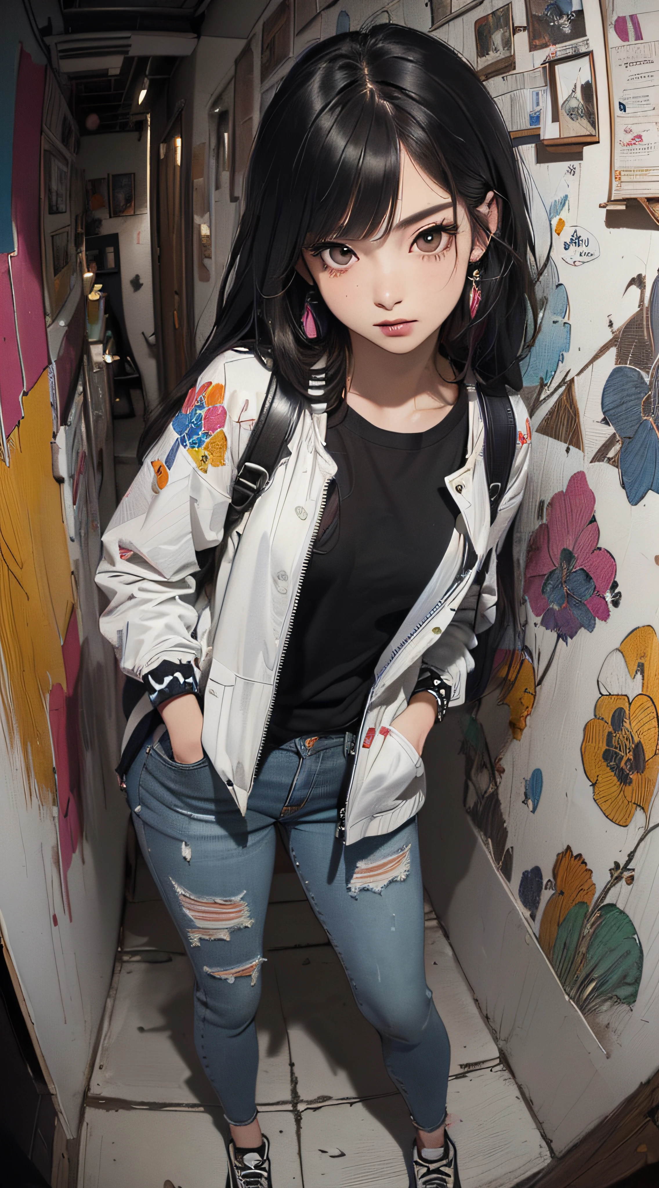 (((8k wallpaper of extremely detailed CG unit:1.2, masterpiece, hight resolution:1.2, top-quality:1.2, masutepiece))), ((a very beautiful woman, Hands in pockets:1.8, Grunge Fashion:1.2, Wearing a blouson:1.2, Wearing skinny jeans, Wearing shoes)), ((extra detailed face, Highly detailed black eyes, extra detailed body, Top quality real texture skins)), (A dark-haired, length hair:1.2, de pele branca, Small:1.2), ((Colorful geometric patterns are painted all over the wall.., Colorful wall)), (high-angle:1.2, Fisheye:1.3), hyper realisitic, digitial painting,