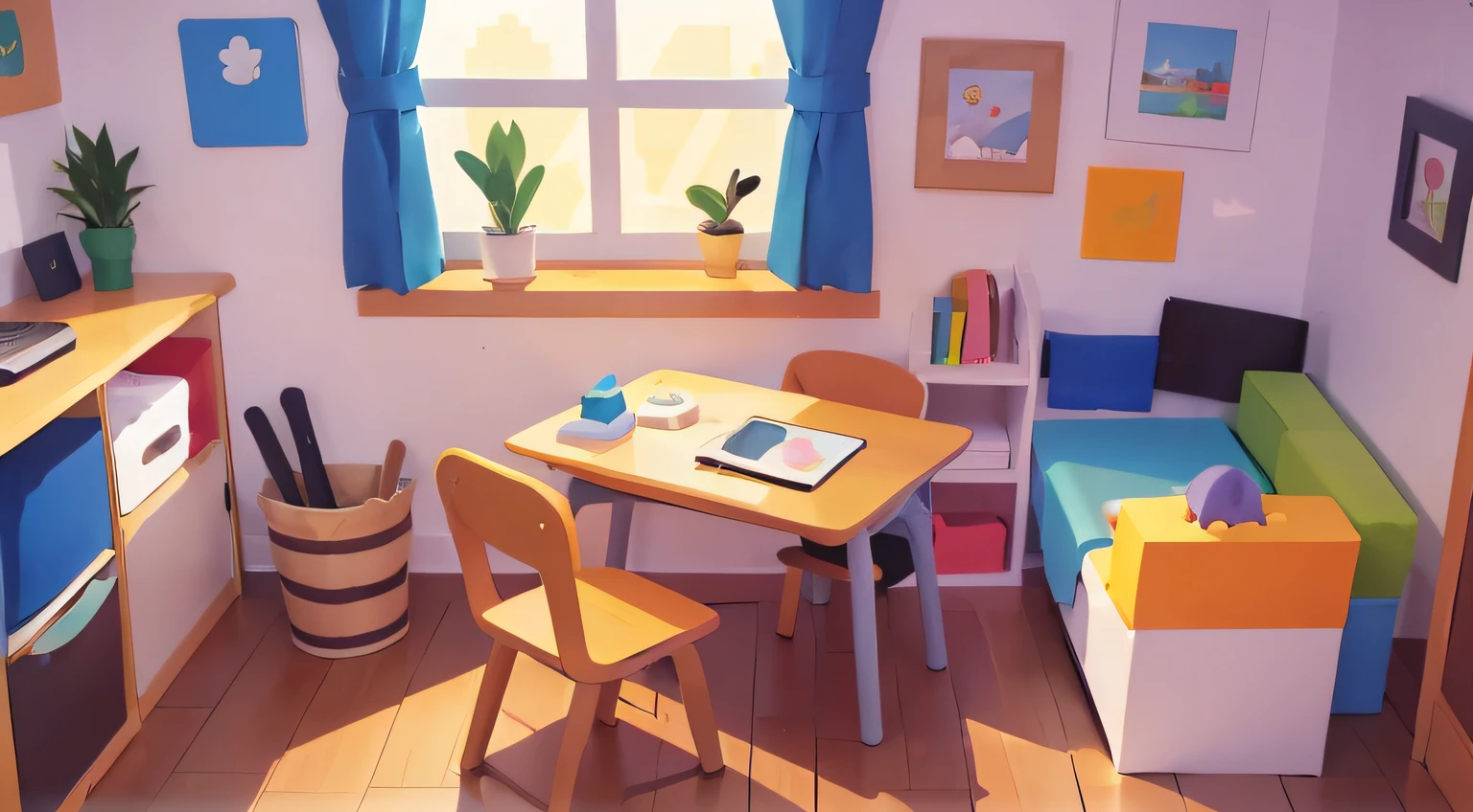 Model house、No one、stable composition、Eye view、childs room、Small desk、Small cabinets、plushies、natural color
