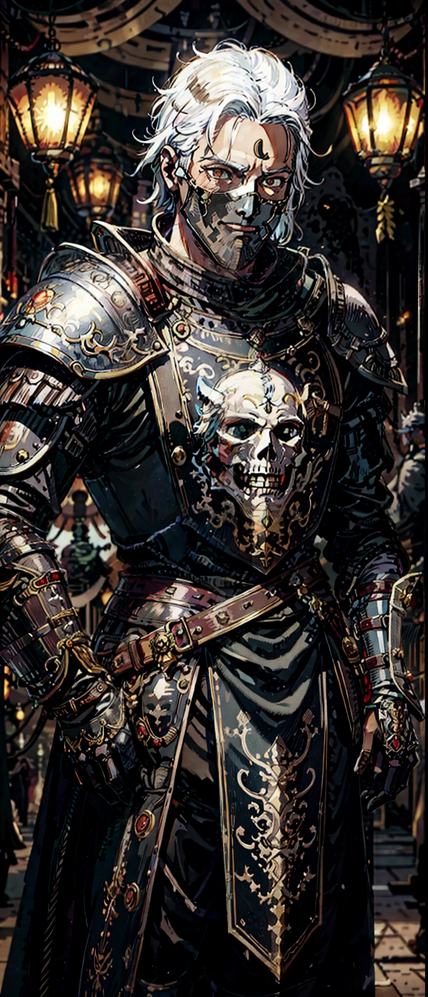 (tmasterpiece:1.2,Best quality at best,A high resolution,ultra - detailed:0.2),profesional lighting,hazy atmosphere,detailedbackground,shadows in background,Silhouette of a young man with white hair,Wearing steel body armor,Wearing military uniform outside,lanterns,fierce farmer,Handsome and charming, Wearing a skeleton mask,hyper HD