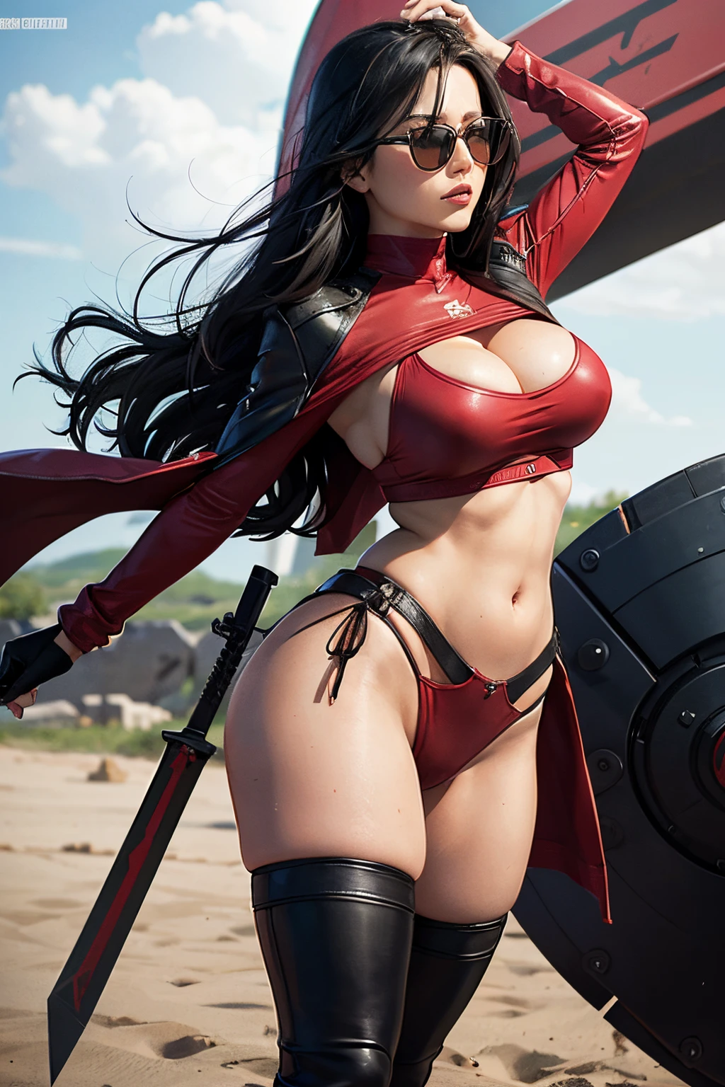 A MILF ， show her butt at viewer , she takes shield and saber blade , The background is the battlefield，black hair color hair，Red sunglasses，Bright red tight combat uniform，microkini，Expose the lower half of the breast，Breast areola , long coat ,