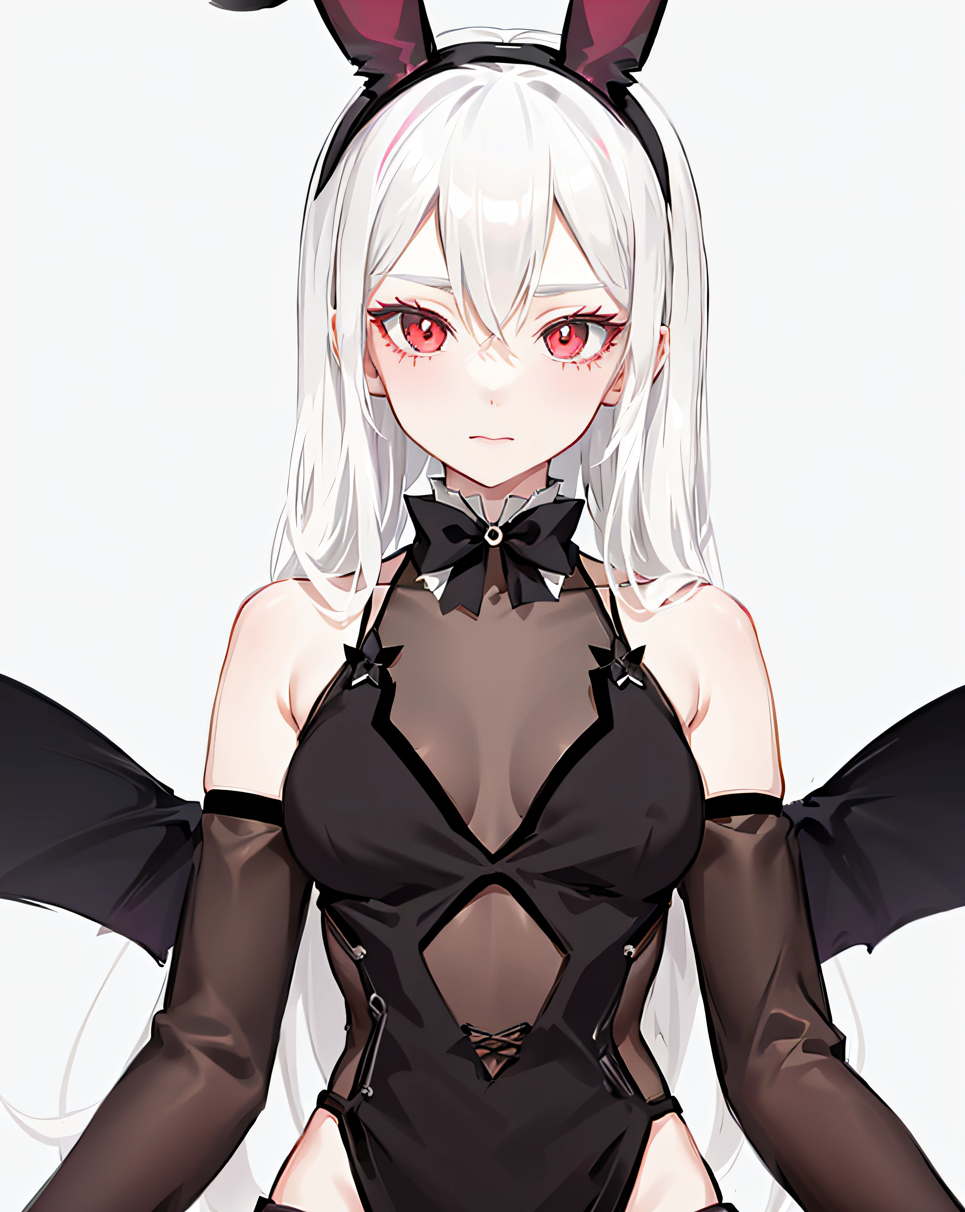 Anime girl with bunny ears and bow tie, Vector shadow anime, white-haired god, loli in dress, Anime girl in black skirt, White hair, Demon anime girl, perfect white hair girl, White hair, Female anime characters, red eyes, Redness of the eyes, inspired by Li Chevalier, flat anime style shading, Anime style characters，mesmerizing eyes，detail-rich，masterpiece of a master，sexy boobs，Cinematic texture，