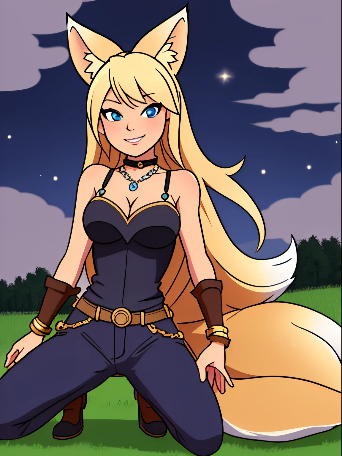 Blonde hair, blue eyes, 1girl, medium breasts, jewelry, long hair, necklace, solo, hair ornament, cleavage, sidelocks, bare shoulders, cloudy night, (dirty blond Fox ears:1.25), (dirty blond Fox tail:1.2), revealing clothes, Warcraft armor, hair clip, looking at viewer, (action shot, crouching: 1.25) (narrow hips & waist), simple background, dark forest, creek, bracelet, mischievous face, shy smile,