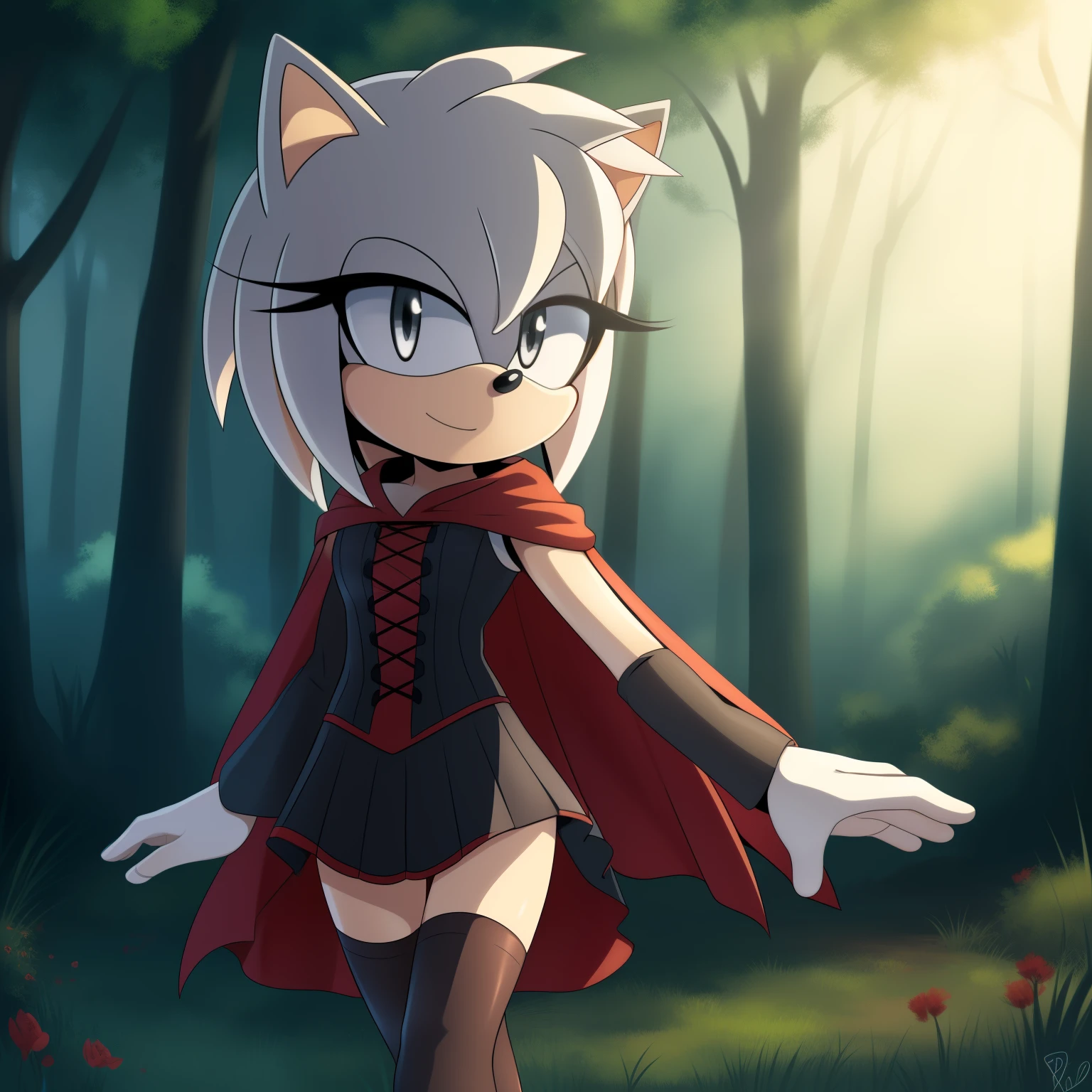 ruby rose, dark crimson red fur, short hair, mistralrose, dress, corset, red cape, thighhighs, (grey/silver eyes), ((Mobian)), ((Hedgehog)), ((Ruby Rose as a Mobian)), (1girl), (solo), outdoors, night, nature, forest, looking at viewer, (cowboy shot:1.5), ((masterpiece:1.2), best quality, detailed, perfect lighting, (perfect hands), 2D Anime style)