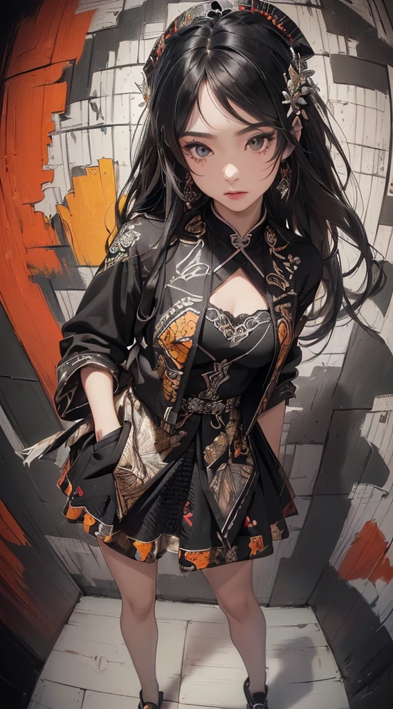 (((8k wallpaper of extremely detailed CG unit:1.2, ​masterpiece, hight resolution:1.2, top-quality:1.2, masutepiece))), ((a very beautiful woman, Hands in pockets:1.8, Grunge Fashion:1.2, Wearing a blouson:1.2, wearing skirt, Wearing shoes)), ((extra detailed face, Highly detailed black eyes, extra detailed body, Top quality real texture skins)), (A dark-haired, length hair, de pele branca, Small:1.2), ((Colorful geometric patterns are painted all over the wall.., Colorful wall)), (high-angle:1.2, Fisheye:1.3), hyper realisitic, digitial painting,