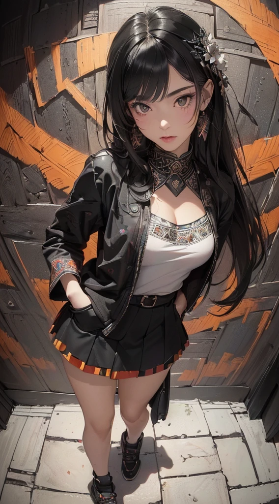 (((8k wallpaper of extremely detailed CG unit:1.2, masterpiece, hight resolution:1.2, top-quality:1.2, masutepiece))), ((a very beautiful woman, Hands in pockets:1.8, Grunge Fashion:1.2, Wearing a blouson:1.2, wearing skirt, Wearing shoes)), ((extra detailed face, Highly detailed black eyes, extra detailed body, Top quality real texture skins)), (A dark-haired, length hair, de pele branca, Small:1.2), ((Colorful geometric patterns are painted all over the wall.., Colorful wall)), (high-angle:1.2, Fisheye:1.3), hyper realisitic, digitial painting,