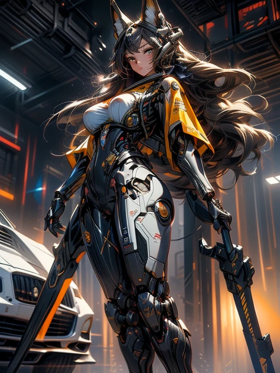 (masterpiece), (best quality:1.4), (perfect anatomy:1.4), high quality, expressive eyes, full body, tall girl, detailed face, beautiful face, perfect face, breasts, cleavage, gloves, huge breasts, cyberpunk, (black armor), long hair, ((tanned skin)), straight hair, detailed (ash gray hair), detailed eyes, (yellow eyes), fox ears, fox tail, hourglass physique, bodysuit, thick thighs, toned, emblem, superhero, dynamic lighting, 4k resolution, dynamic pose, cover, mecha musume, fortified suit, mechanical parts, headgear, robot joints, bodysuit, deva battle suit, glove