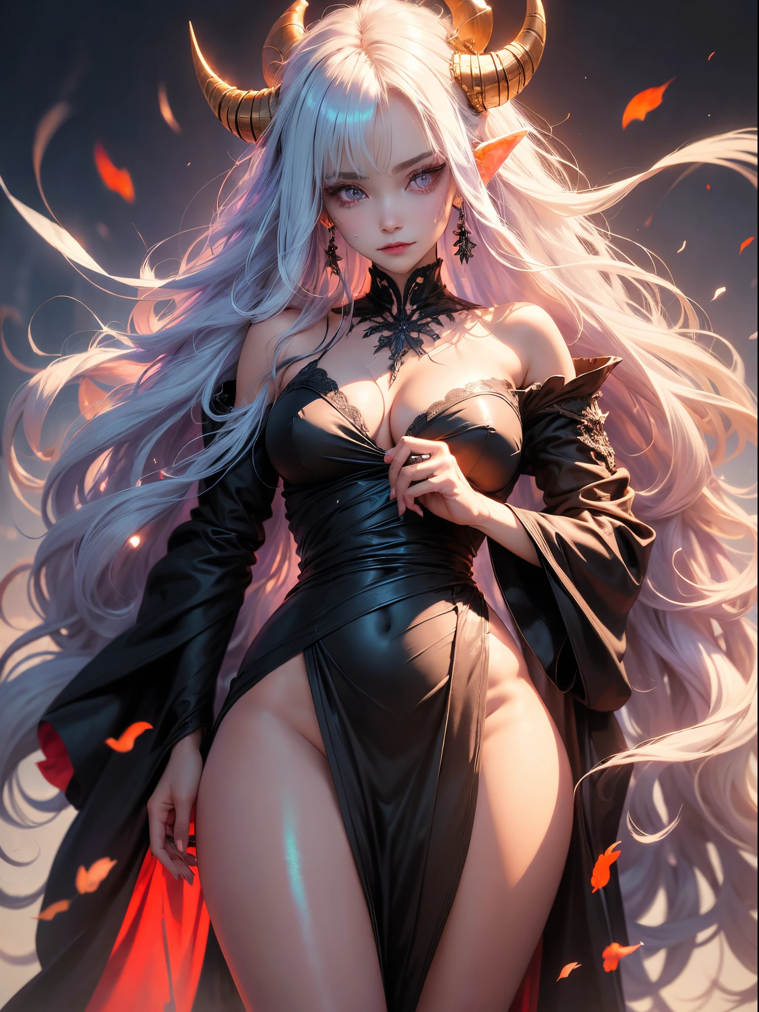 A demon girl with a satisfied face, long curly hair, white hair, well-detailed violet eyes, primordial demon, long horns, perfect robes that show her thighs, small breasts, thick legs, big ass, full body, black background with blood dripping and red hummingbirds flying, {extremely detailed 16k CG unit wallpaper}, expansive landscape photography, (a low view with focus on character and setting), (wide view of open field), (angled shot low), (high light: 1.6), (low light: 1.4), (warm light source: 1.0), complex details, (iridescent colors: 1.2), (bright lighting), (atmospheric lighting), dreamy, unique,