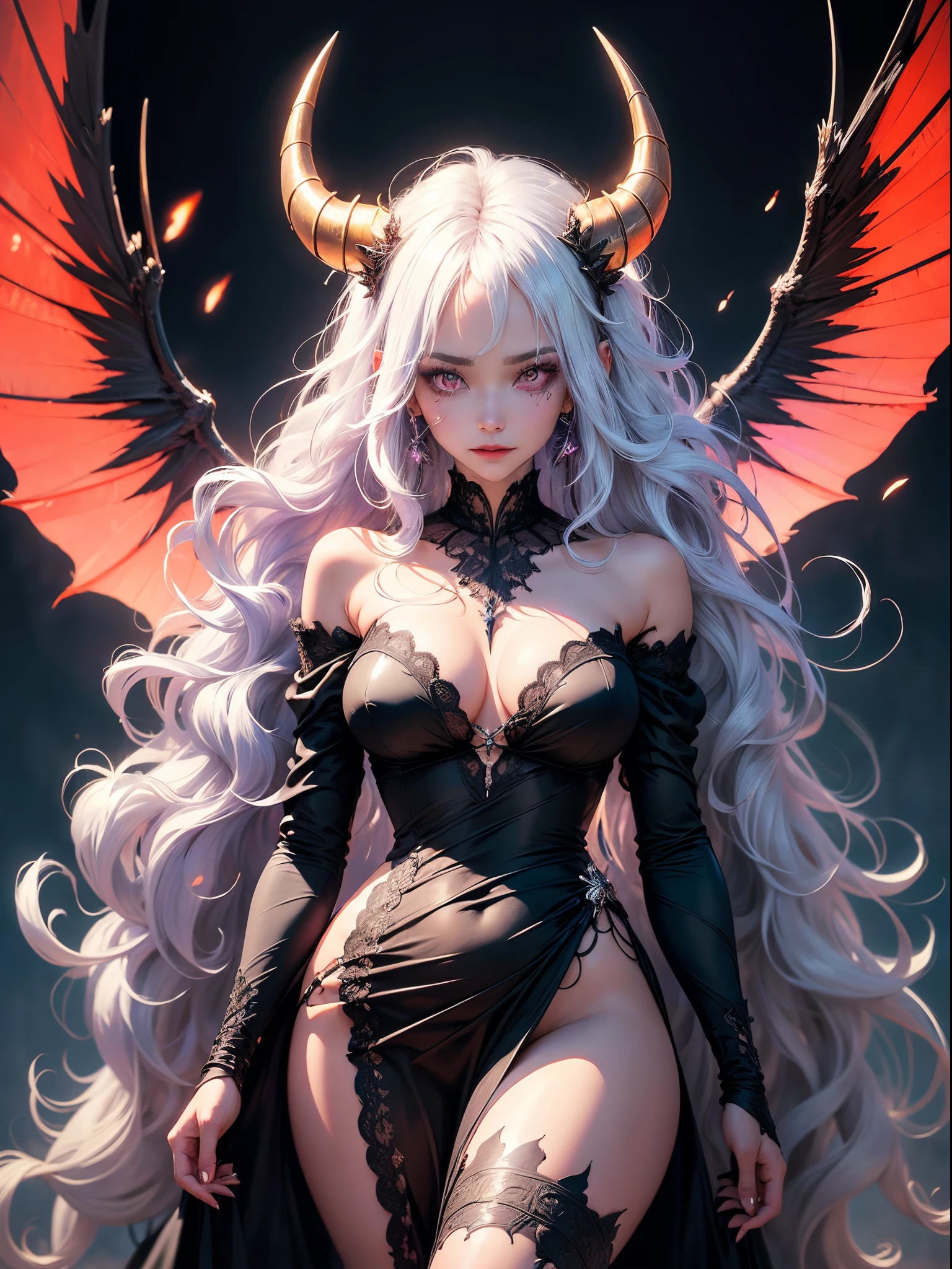 A demon girl with a satisfied face, long curly hair, white hair, well-detailed violet eyes, primordial demon, long horns, perfect robes that show her thighs, small breasts, thick legs, big ass, full body, black background with blood dripping and red hummingbirds flying, {extremely detailed 16k CG unit wallpaper}, expansive landscape photography, (a low view with focus on character and setting), (wide view of open field), (angled shot low), (high light: 1.6), (low light: 1.4), (warm light source: 1.0), complex details, (iridescent colors: 1.2), (bright lighting), (atmospheric lighting), dreamy, unique,