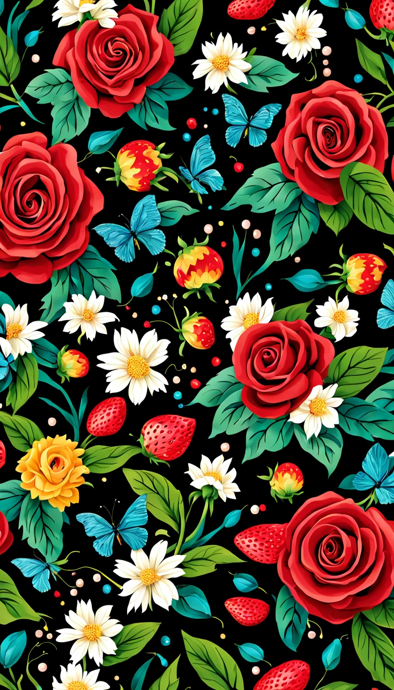 Seas of freshness with the Ocean Rose — ocean breeze, sun-bleached driftwood, and a touch of salty sea air. colorful pearls, jewels, ((butterfly)), ((yellow small stars)), (strawberry), rose,  || (embroidery) seamless pattern, fruit, butterfly, Best quality, masterpiece, ultra high res, (photo realistic:1.4), surrealism, dream-like, ((abstract art)), vector arts, ((black background)) a close up of a floral pattern on black background, floral wallpaper, ornate floral, floral pattern, floral explosion, floral! intricate, floral flowers colorful, chinoiserie pattern, flowery wallpaper, floral renewal, with colorful flowers and plants, floral dream, garden flowers pattern, floral patterned skin, floral design, floral motives, boho floral vines