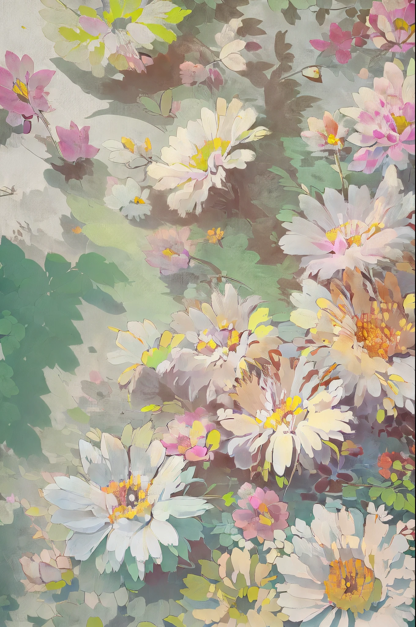 Beautiful flowers scattered across the frame, random pastel colored flowers, simple plain background, simple design