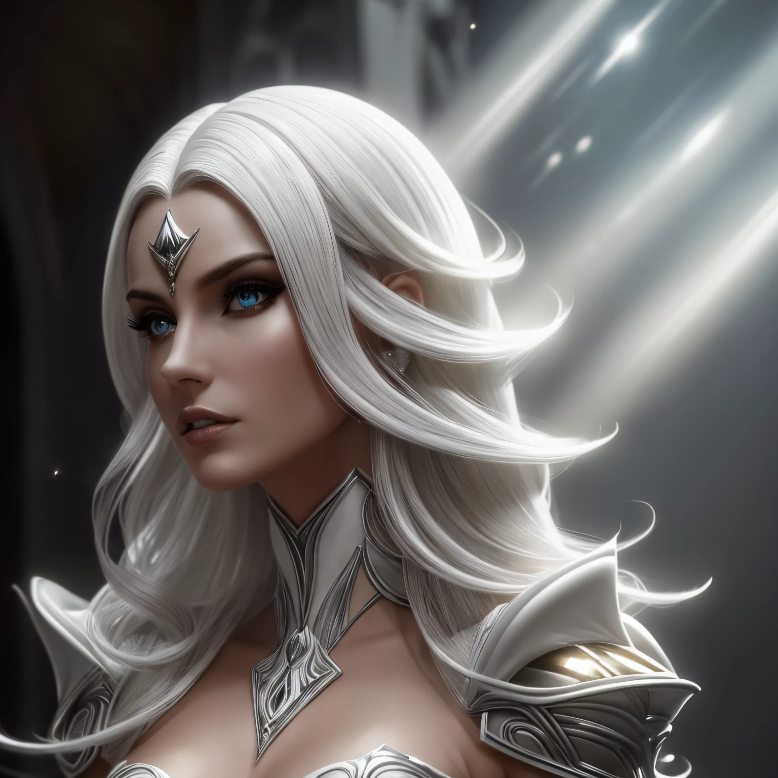Insanely detailed photograph of a gorgeous vampire alien woman, Renascimento, longos cabelos brancos, intrincados olhos brancos, genial, Ethereal, hiperdetalhado, 32k resolution, dynamic lighting, umbigo coberto, hiper detalhado, intrinsecamente detalhado, trending on ArtStation, terno de luxo branco, Volumetric lighting, BalenciagaStyle