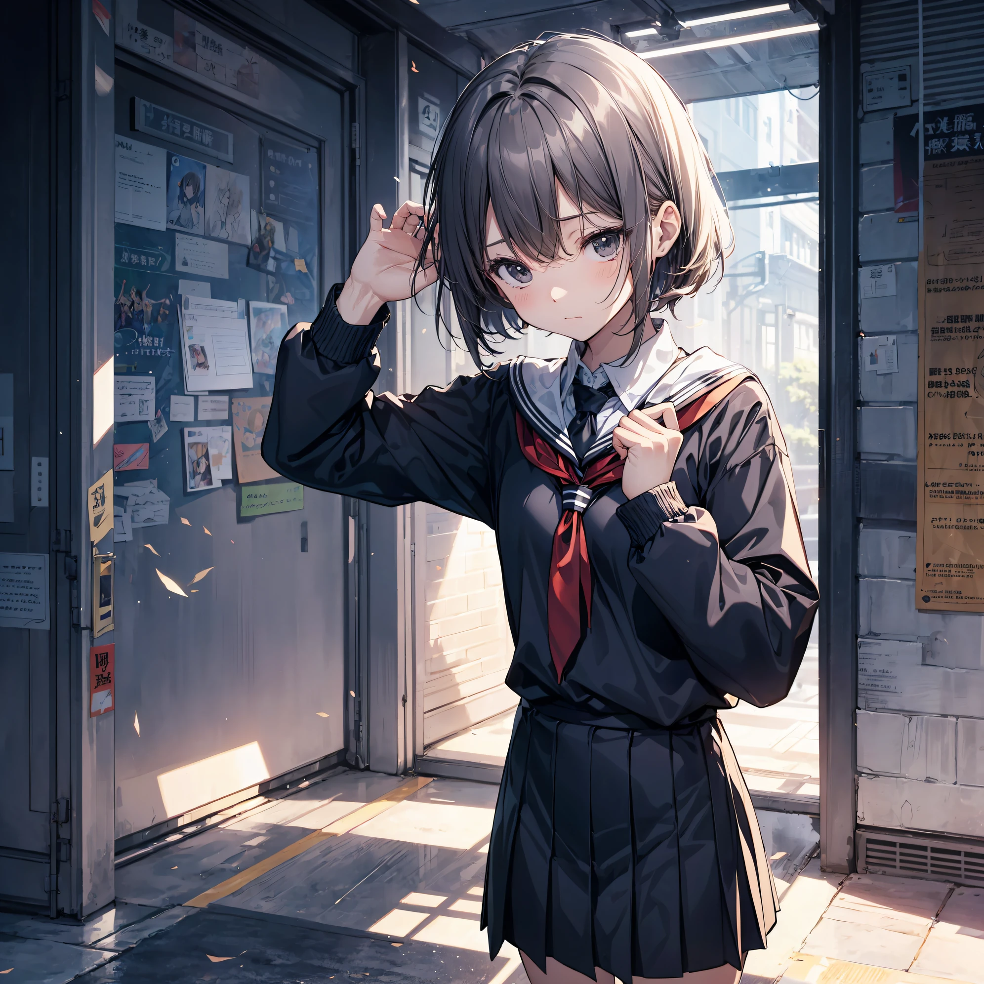 god quality, anime moe artstyle,best anime 8k konachan wallpaper,badass anime 16k,perfect anatomy, (Please draw a girl walking sleepily to school. :1.3),break, 1girl, (Solo,Loli,child,13-year-old:1.5),a junior high school student, androgynous charm, (Very Short hair), Full limbs, complete fingers,flat chest, Small butt, groin, Small eyes,beatiful detailed black eyes,disgusted eyes, school Uniform, in the School commute route. break,ultra-detailed,high resolution,super detailed skin, professional lighting,(god illustration:1.2),
