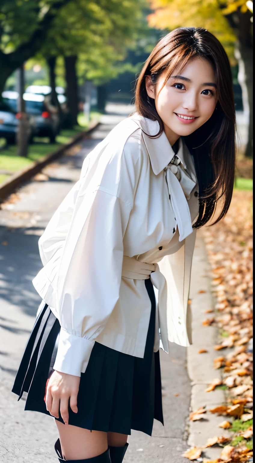 Best-quality, Masterpiece, Ultra-High-Resolution, (Photorealistic:1.4), Raw-Photo, Extremely-Details, Perfect-Anatomy, 

1girl, the most famous Japanese model, standing on street with autumn leaves and trees, fullbody-shot, from below, looking at viewer, beautiful smile, wearing trench short coat and white blouse with frills and pleated miniskirt and knee high boots, extremely beautiful face like a most popular Japanese model, extremely beautiful big black solid circle eyes, extremely beautiful hair, extremely beautiful realistic skins, excitement beautiful breasts, detailed trench short coat, detailed white blouse with frills, detailed pleated miniskirt, detailed knee-high-boots