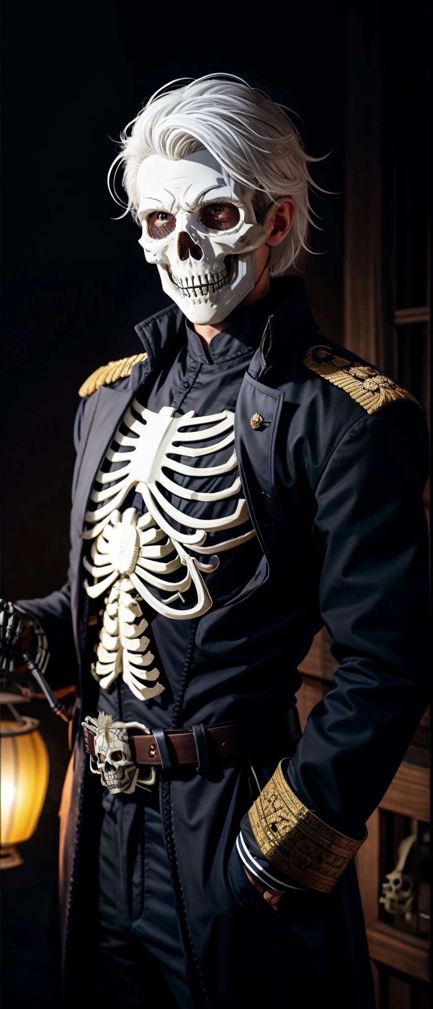 (tmasterpiece:1.2,Best quality at best,A high resolution,ultra - detailed:0.2),profesional lighting,hazy atmosphere,detailedbackground,shadows in background,Silhouette of a young man with white hair,Wearing a skeleton military uniform,lanterns,fierce farmer,Handsome and charming, Wearing a skeleton mask