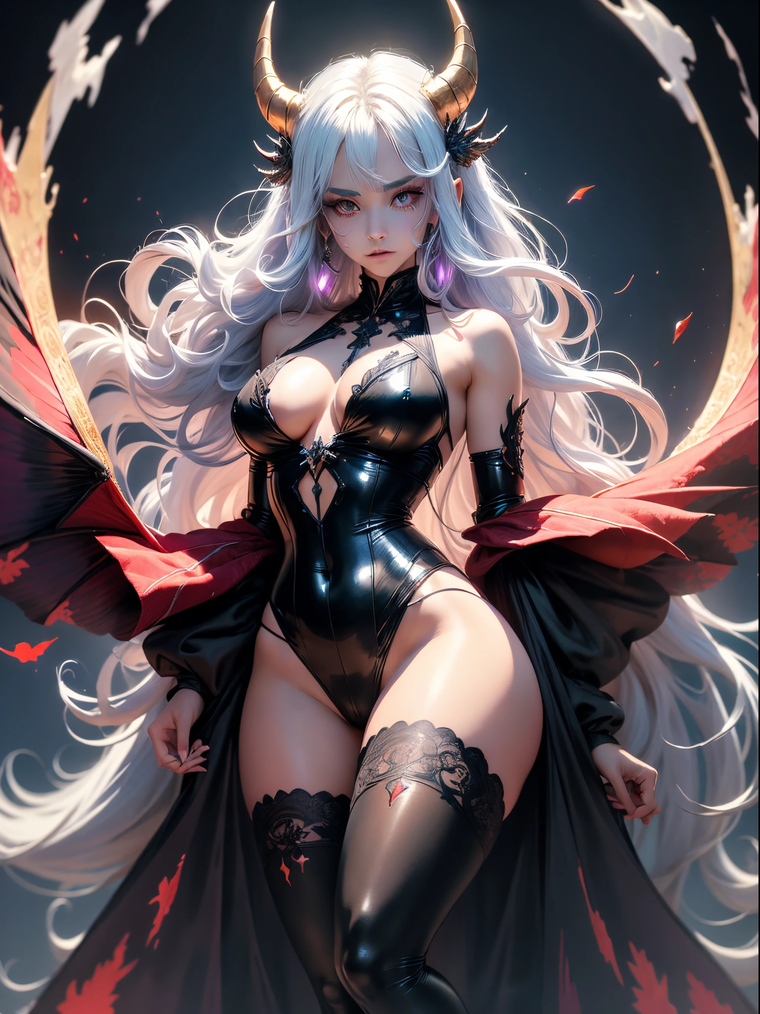 A demon girl with a satisfied face, long curly hair, white hair, well-detailed violet eyes, primordial demon, long horns, perfect robes that show her thighs, small breasts, thick legs, big ass, full body, black background with blood dripping and red hummingbirds flying, {extremely detailed 16k CG unit wallpaper}, expansive landscape photography, (a low view with focus on character and setting), (wide view of open field), (angled shot low), (high light: 1.6), (low light: 1.4), (warm light source: 1.0), complex details, (iridescent colors: 1.2), (bright lighting), (atmospheric lighting), dreamy, unique,