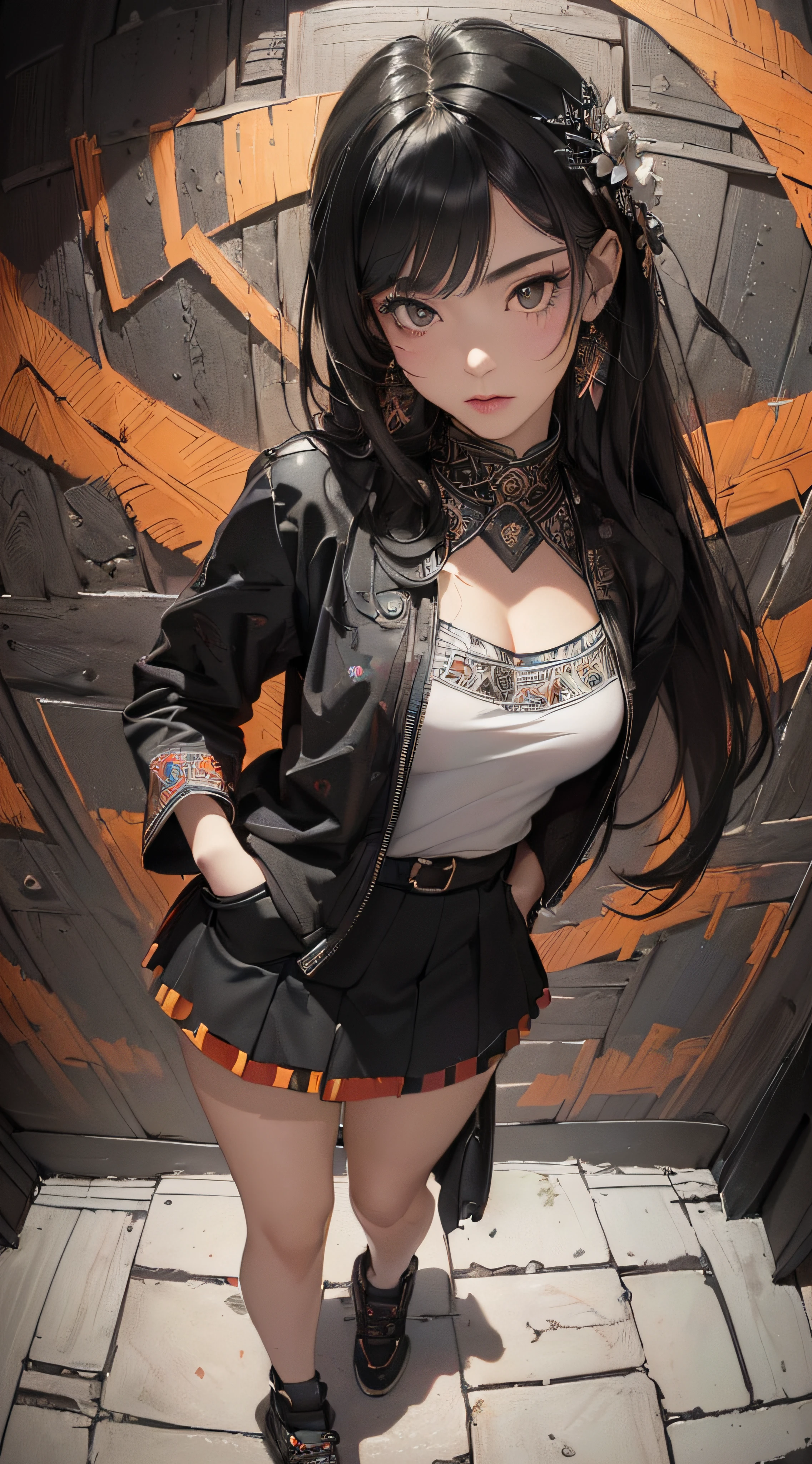 (((8k wallpaper of extremely detailed CG unit:1.2, ​masterpiece, hight resolution:1.2, top-quality:1.2, masutepiece))), ((a very beautiful woman, Hands in pockets:1.8, Grunge Fashion:1.2, Wearing a blouson:1.2, wearing skirt, Wearing shoes)), ((extra detailed face, Highly detailed black eyes, extra detailed body, Top quality real texture skins)), (A dark-haired, length hair, de pele branca, Small:1.2), ((Colorful geometric patterns are painted all over the wall.., Colorful wall)), (high-angle:1.2, Fisheye:1.3), hyper realisitic, digitial painting,