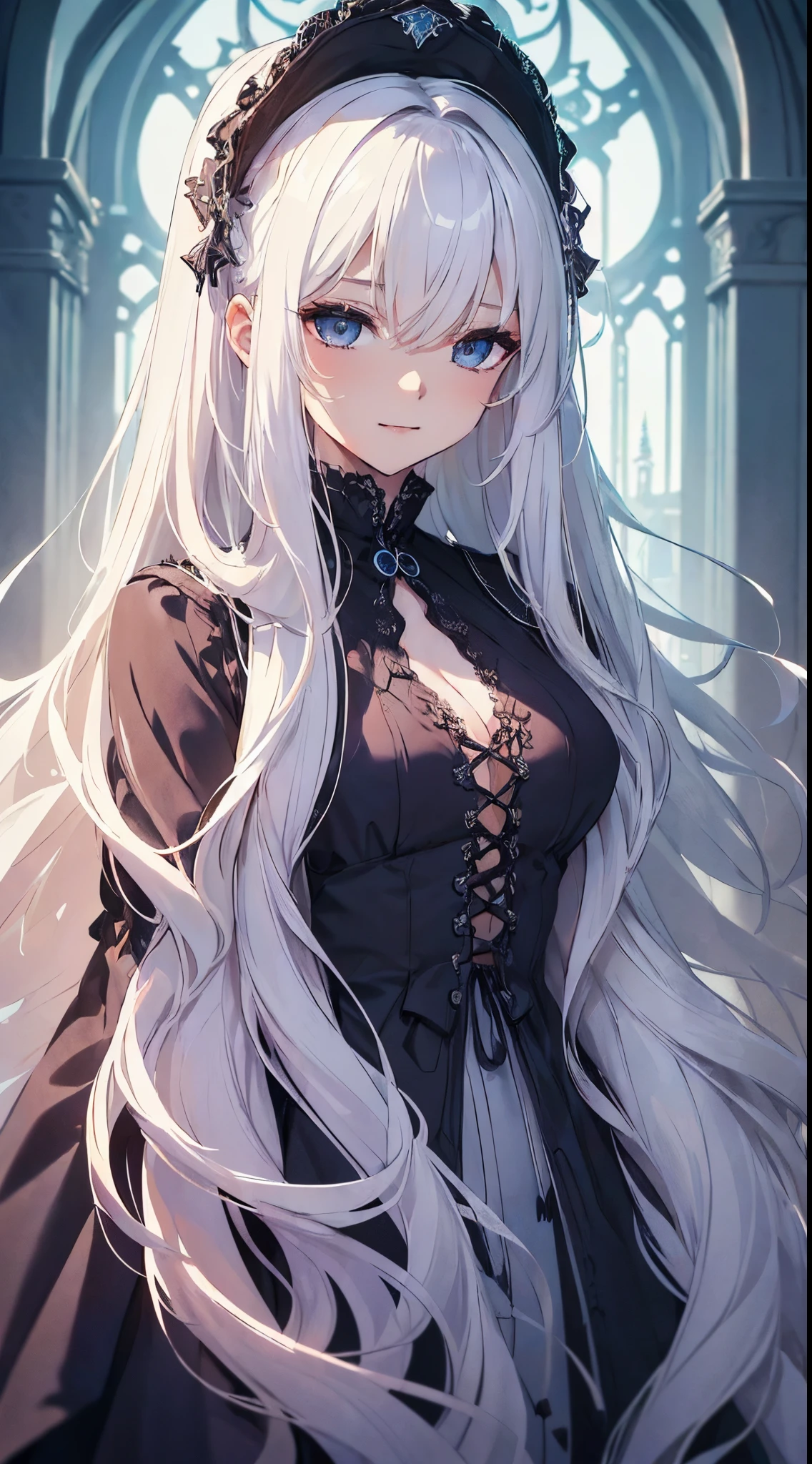 (​masterpiece、top-quality、top-quality、Official art、Beautifully Aesthetic:1.2)、(1womanl)、ighly detailed、(Fractal Art:1.4)、highestdetailed、long wavy white hair、Blue eyes、rounded drooping eyes、very small chest 、Poor breasts、Mature beautiful woman、Cool gothic background in dark tones of purple、Gothic Lolita Fashion、Head dress、little smiling