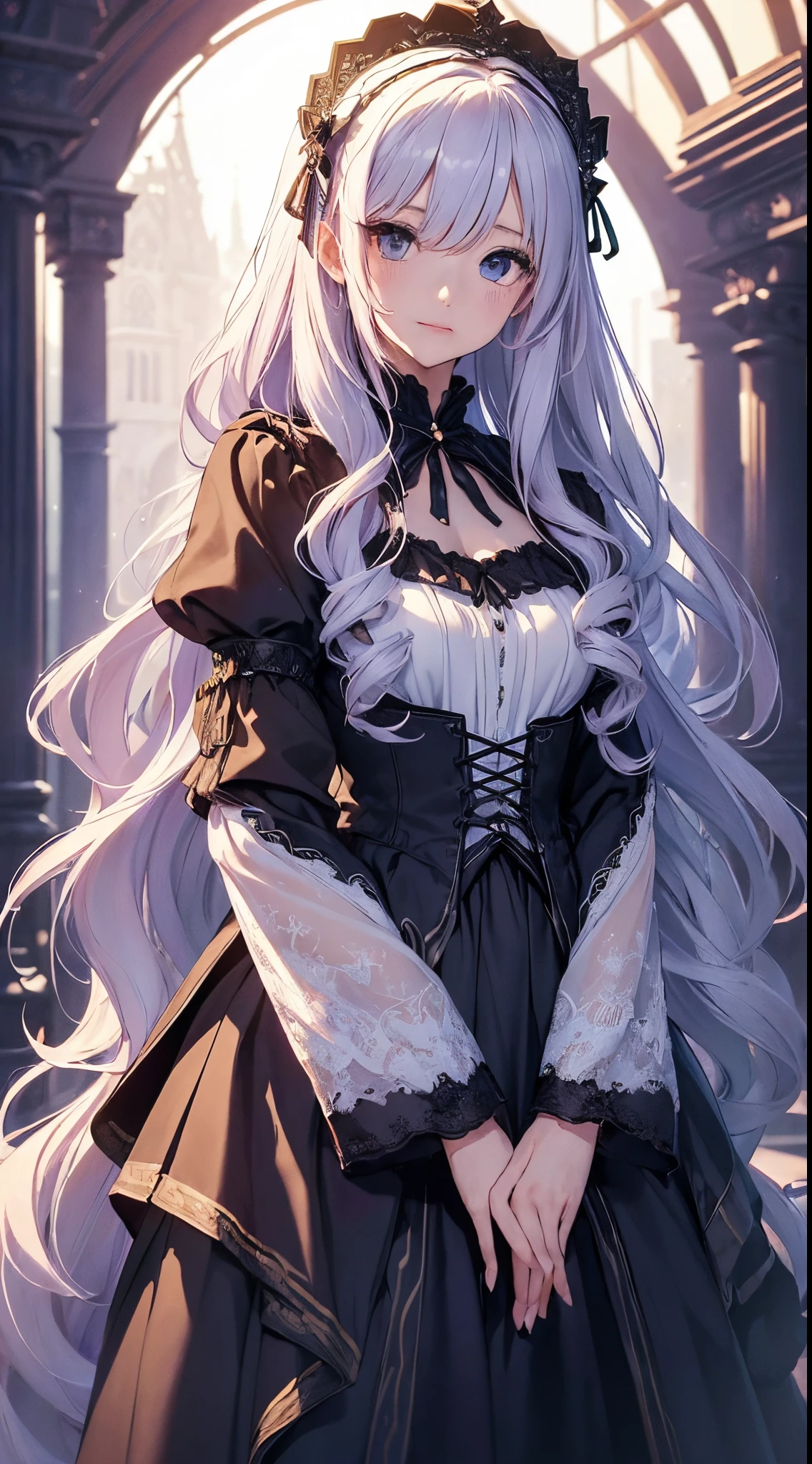 (​masterpiece、top-quality、top-quality、Official art、Beautifully Aesthetic:1.2)、(1womanl)、ighly detailed、(Fractal Art:1.4)、highestdetailed、long wavy white hair、Blue eyes、rounded drooping eyes、very small chest 、Poor breasts、Mature beautiful woman、Cool gothic background in dark tones of purple、Gothic Lolita Fashion、Head dress、little smiling
