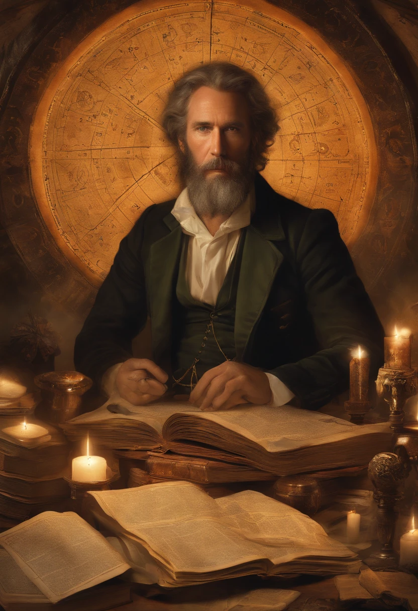 A mysterious array of astrological charts and celestial maps spread across the table, bathed in the soft glow of ancient candles.,original,Vincent “Vortex” Malone, with his disheveled appearance, is often seen in a dimly lit room, surrounded by screens and stacks of obscure books and papers. His wild, unkempt hair and intense, piercing eyes reflect his immersion in the world of conspiracy theories.