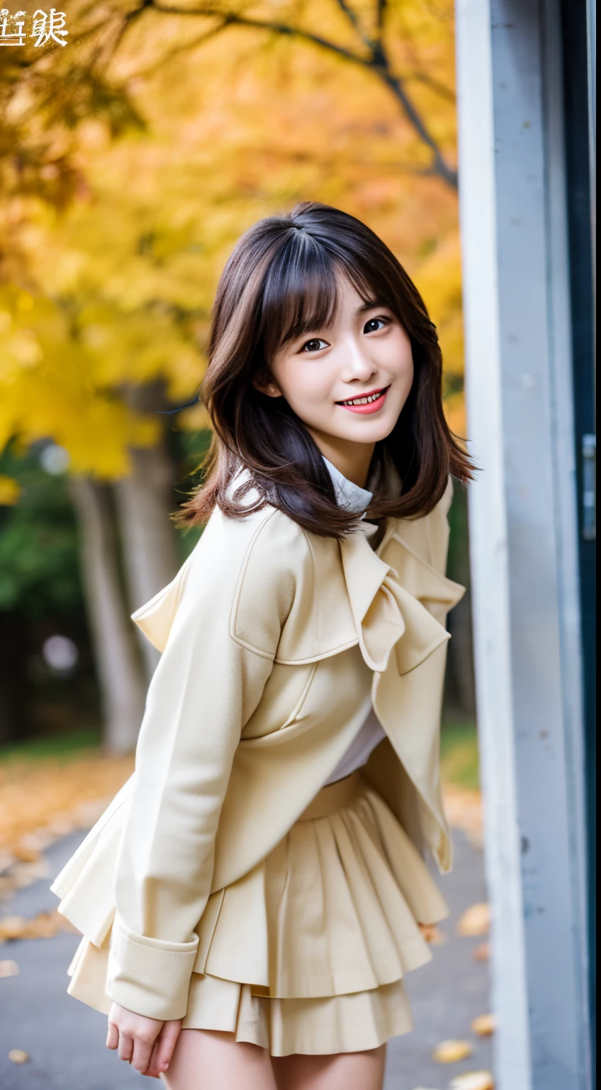Best-quality, Masterpiece, Ultra-High-Resolution, (Photorealistic:1.4), Raw-Photo, Extremely-Details, Perfect-Anatomy,
1girl, the most famous Japanese model, standing on street with autumn leaves and trees, fullbody-shot, from below, looking at viewer, beautiful smile, wearing trench short coat and white blouse with frills and pleated miniskirt and knee high boots, extremely beautiful face like a most popular Japanese model, extremely beautiful big black solid circle eyes, extremely beautiful hair, extremely beautiful realistic skins, excitement beautiful breasts, detailed trench short coat, detailed white blouse with frills, detailed pleated miniskirt, detailed knee-high-boots