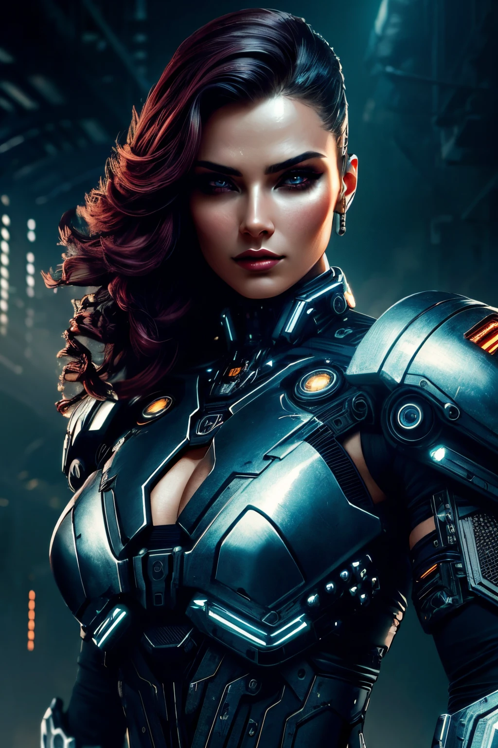 a beautiful woman cyborg warrior in the Style-RustMagic, cyberpunk augmentation, cyberware, cyborg, carbon fiber, chrome, implants, metal skull, cyber plate armor, (dark atmosphere:1.2), (fog & smoke), (dark night:1.3), scars, (dark medium length disheveled hair:1.1), (eyeshadow:1.1), (beautifully detailed glow:1.2), (Cinematic lighting), intricate detail, highres, rounded eyes, detailed facial features, sharp focus, smooth, aesthetic, detailed dark industrial factory background, stylish pose, dynamic pose, (dramapaint), (opt-6000:0.9)