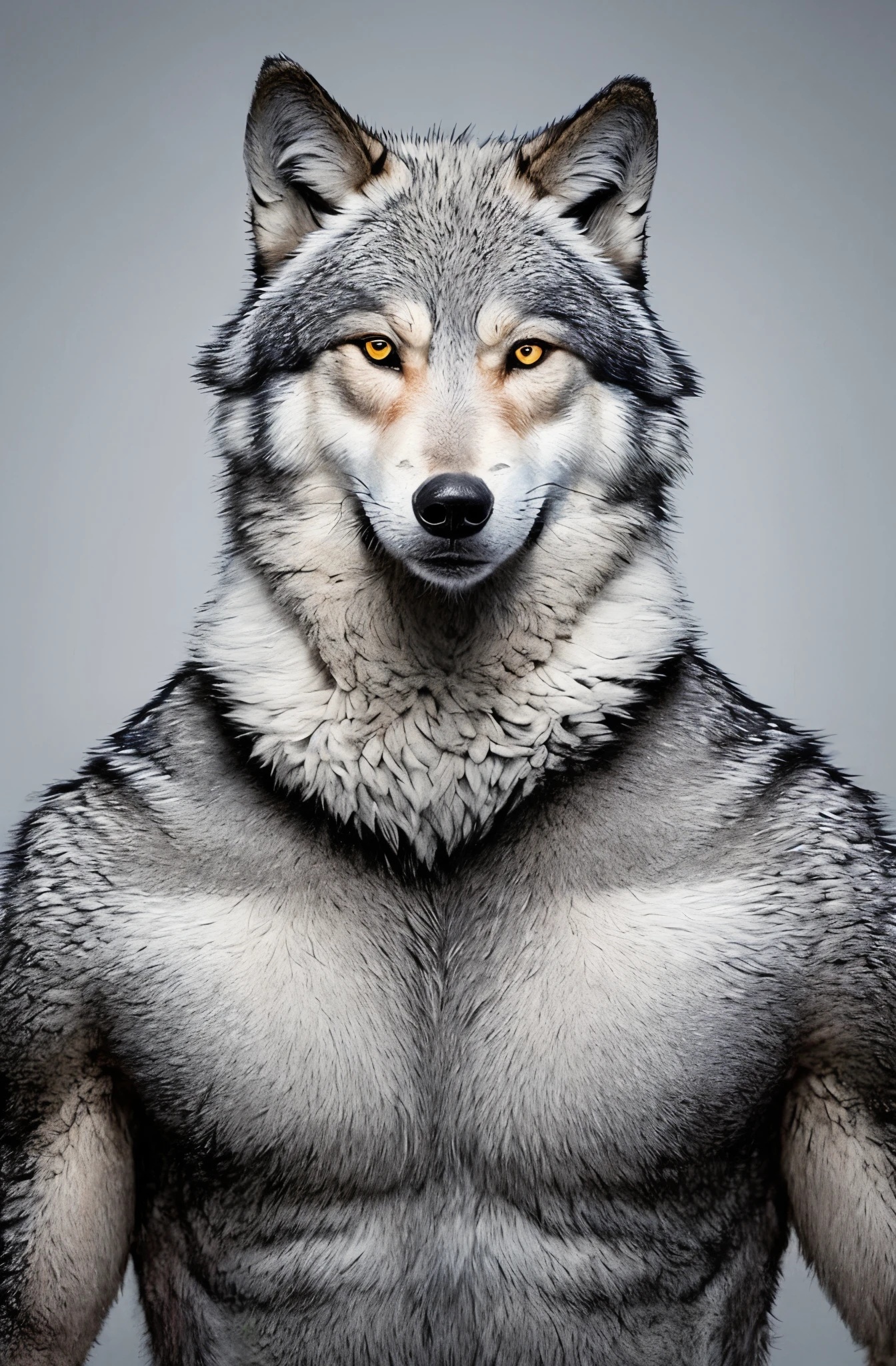 Show me a Dad wolf, pelaje, gris con blanco, orejas rojas, heterochromia ojo rosa, ojo rojo, gordo, musculo, orejas color rojo, furry,macho, hombre,