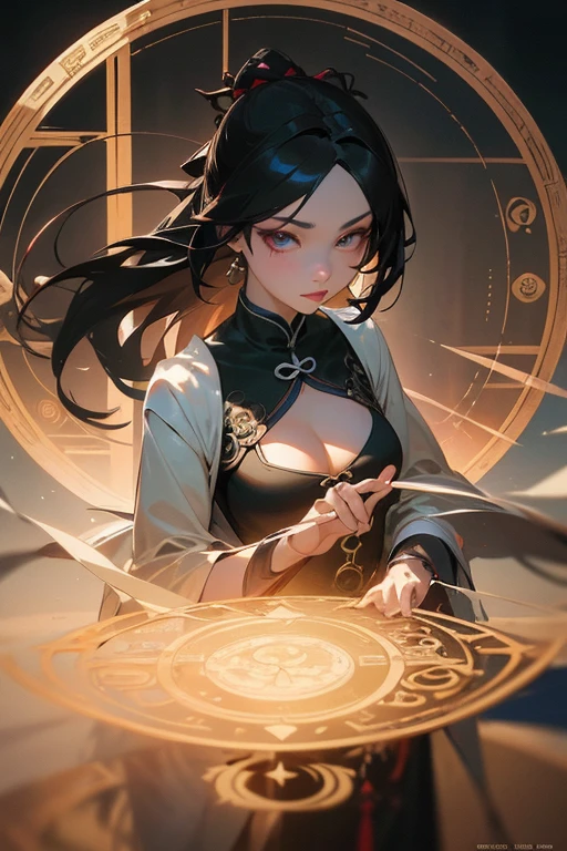The best quality,A masterpiece,super high resolution,(photorealistic:1.4),Xiuxian,weapon,Detailed face,, 1 girl,alone,weapon,cleavage,(magic circle:1.2),Xiuxian,upperbody,Beautiful girl,all body,East Asian architecture,sheath,architecture,
