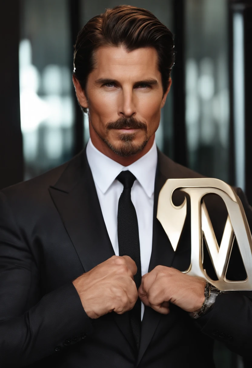 A close-up of a custom monogrammed business card with a sharp, metallic finish,original,tall, muscular, well groomed with short stylish hair. always wearing designer business suits. looks like christian bale
