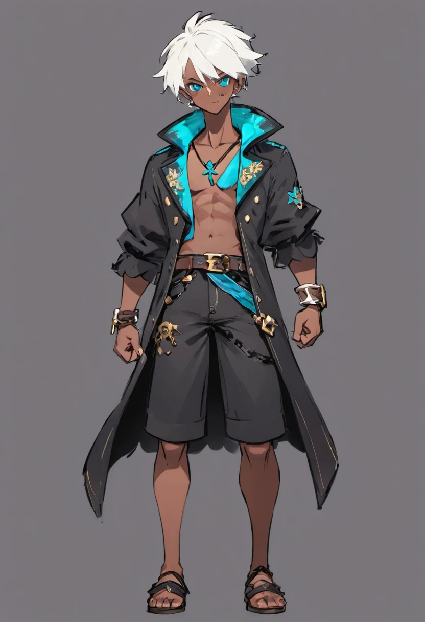 ((masterpiece)),(((best quality))),(character design sheet,same character,front,side,back), 1boy, solo, darkskin male with short white hair, teal eyes, masterpiece, best quality, looking at around, full body, 150cm tall, detailed, smiling, black pirate outfit with short shorts, teal flower as accessory, charturnbetalora, concept art, character concept art, character sketch, reference sheet, character sheet, (simple background, white background: 1.3)