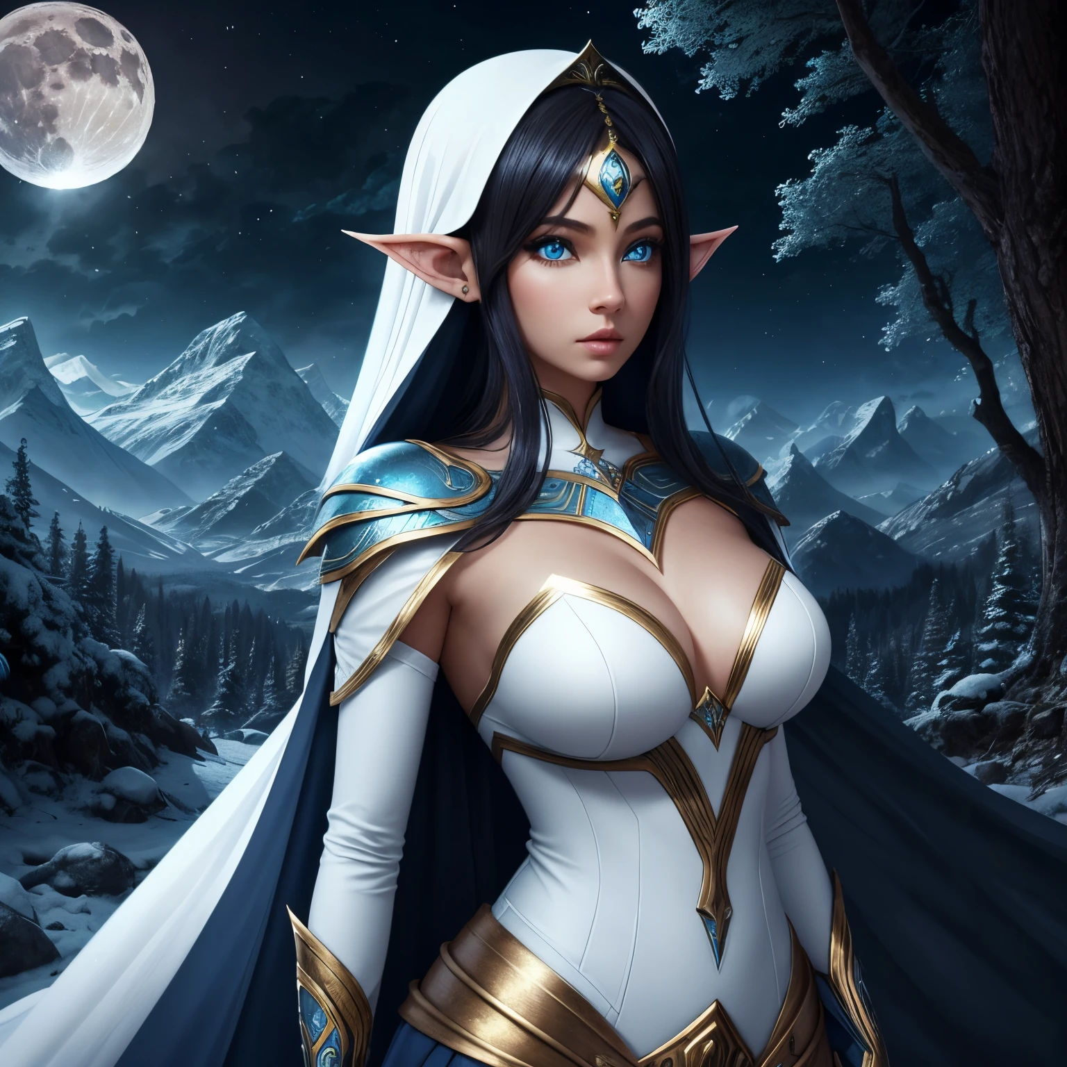 moon elf woman, sexy, light skin, moon, night, dark, beautiful, black hair, blue eyes, white clothing, brightness, hyperrealistic, concept art, medieval, epic, fantasy, princess, queen, forest, mountains, 2.5d cgi
