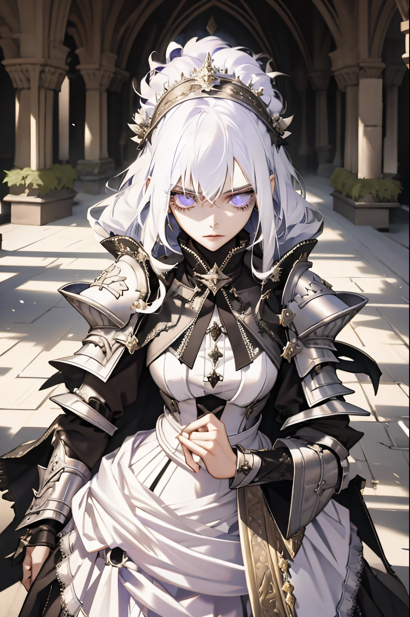 1 girl, long white hair, crystal lavender eyes, beautiful with an air of purity and intelligence, slender body, calm princess who is a mastermind strategist, wearing a black demure and elegant dress, armored dress, medieval fantasy, in a castle