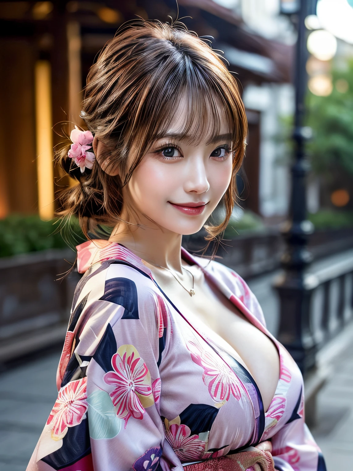 Looking at the camera,(((highest quality, 8k, masterpiece))), Sharp focus, (Beautiful woman with perfect figure), thin, (Hairstyle: Excellent)), ((kimono: Cane)), street: 1.2 非常に詳細な顔と肌の質感 詳細な目 double eyelid ランダムな姿勢, (smile),sExcellenter cute Japan person,sExcellenter beauty Japanese girl, Realistic Face, double eyelid,smile,Summer festival , At sunset , Beautiful Teeth , Fireworks Background、Show your chest、Show your 、nude