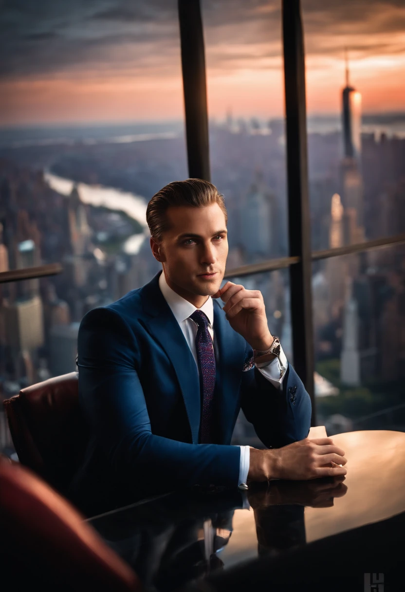 A photo of Finance Bro sitting at a VIP table in an exclusive club with a view of the Manhattan skyline in the background,original,30 years old, masculine, near comb over hair, wears a navy suit with a tie, walks around New York City