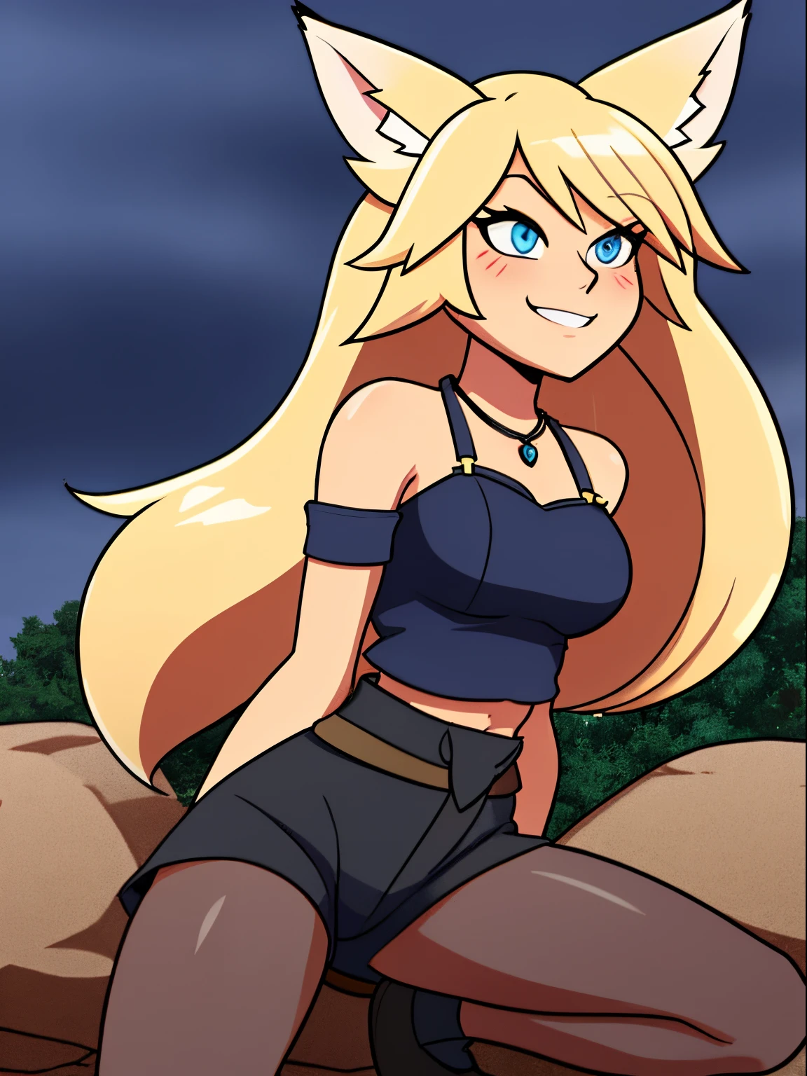 Blonde hair, blue eyes, 1girl, medium breasts, jewelry, long hair, necklace, solo, hair ornament, cleavage, sidelocks, bare shoulders, cloudy night, (dirty blond Fox ears:1.25), (dirty blond Fox tail:1.2), revealing clothes, crop top armor, short shorts armor, hair clip, looking at viewer, (action shot, crouching: 1.25) (narrow hips & waist), simple background, dark forest, creek, bracelet, mischievous face, shy smile,