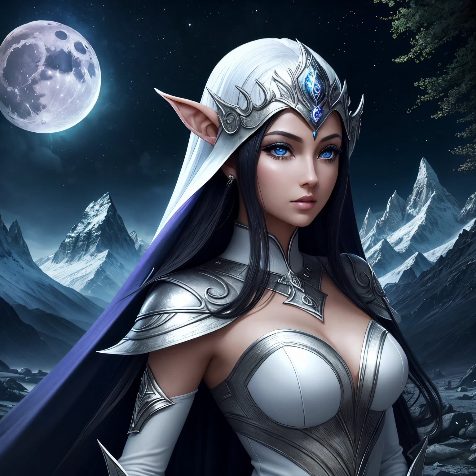 moon elf woman, sexy, light skin, moon, night, dark, beautiful, black hair, blue eyes, white clothing, brightness, hyperrealistic, concept art, medieval, epic, fantasy, princess, queen, forest, mountains, 2.5d cgi