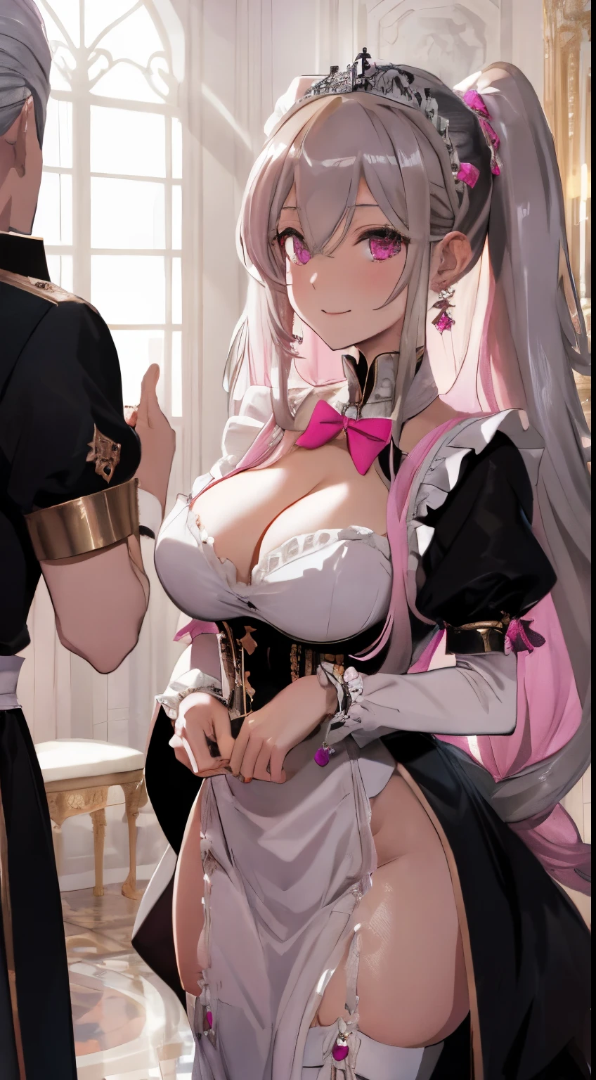 Luxury and high class aristocratic mansion,Royal atmosphere,lots of expensive furniture,A gentle light is shining in,long elf ears,fluffy hair,Twin-tailed,drills twintails,fluffy and voluminous hair,Silver, Light brown, pink and black,Her chest is wide open and you can see her cleavage.,Luxury maid outfits like royalty,Maid headdress,Luxurious earrings,Two maids are standing with a gentleman between them.....,rub your chest against a gentleman's face,AHE Face,Slight red tide,embarrassing smile,SEX,ecstacy,