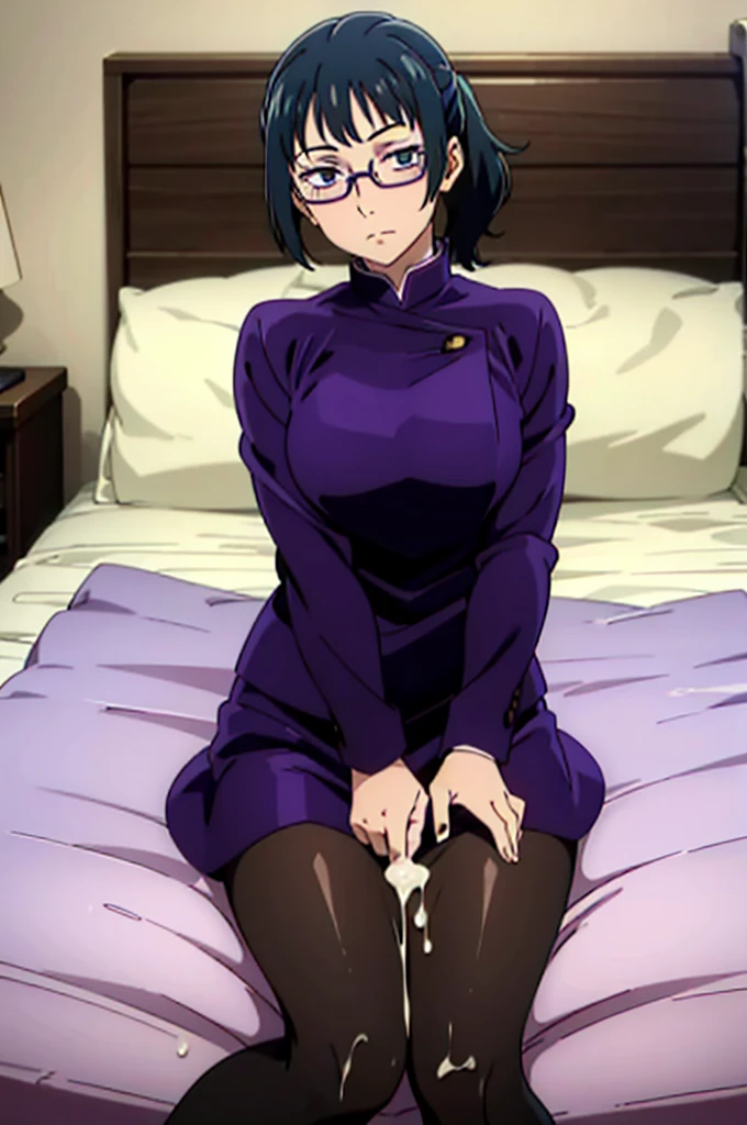 masterpiece,high quality,solo, MakiZenin,1girl,looking at viewer, on bed, cum, purple shirt, pantyhose