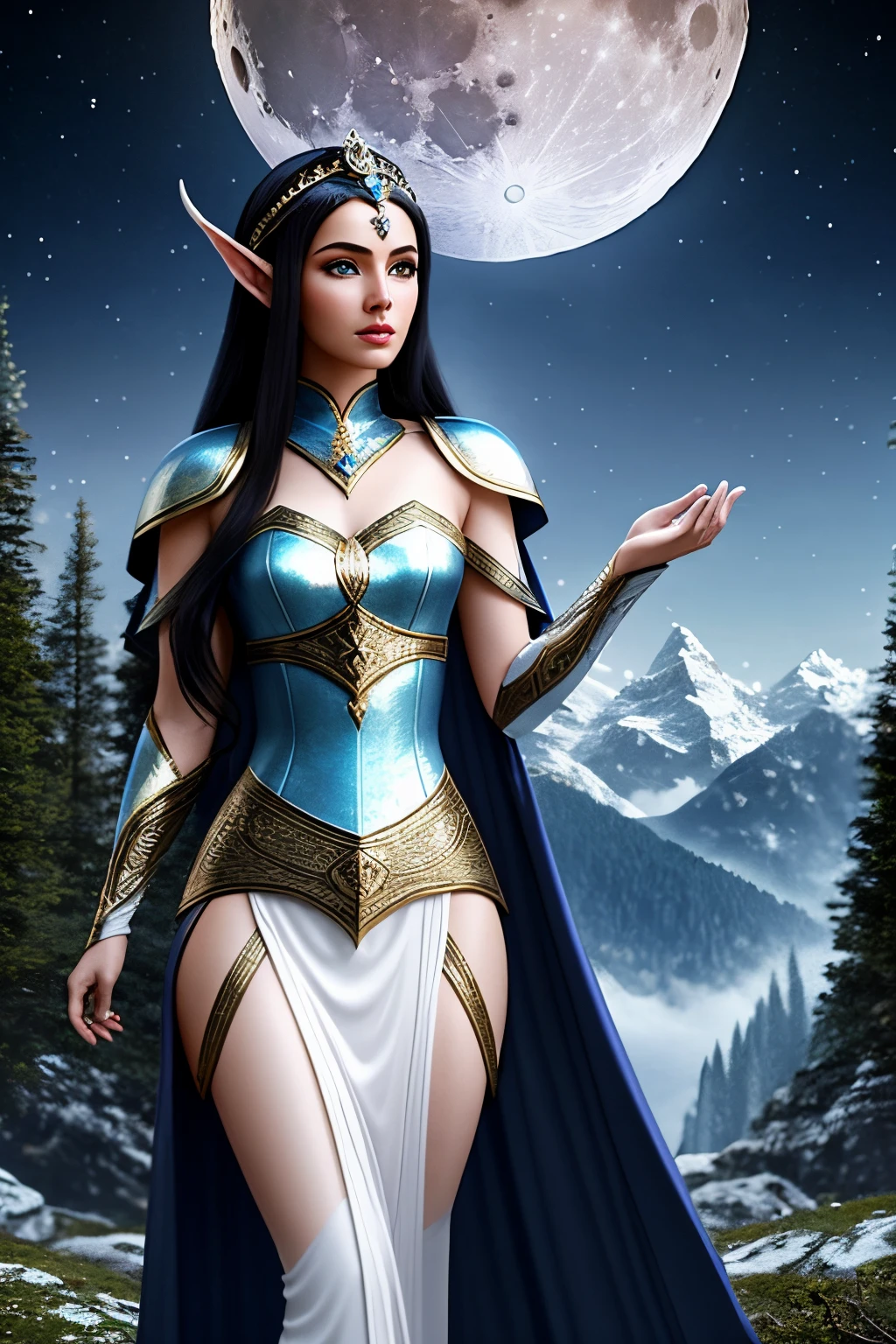 moon elf woman, sexy, light skin, moon, night, dark, beautiful, black hair, blue eyes, white clothing, brightness, hyperrealistic, concept art, medieval, epic, fantasy, princess, queen, forest, mountains, 2.5d cgi