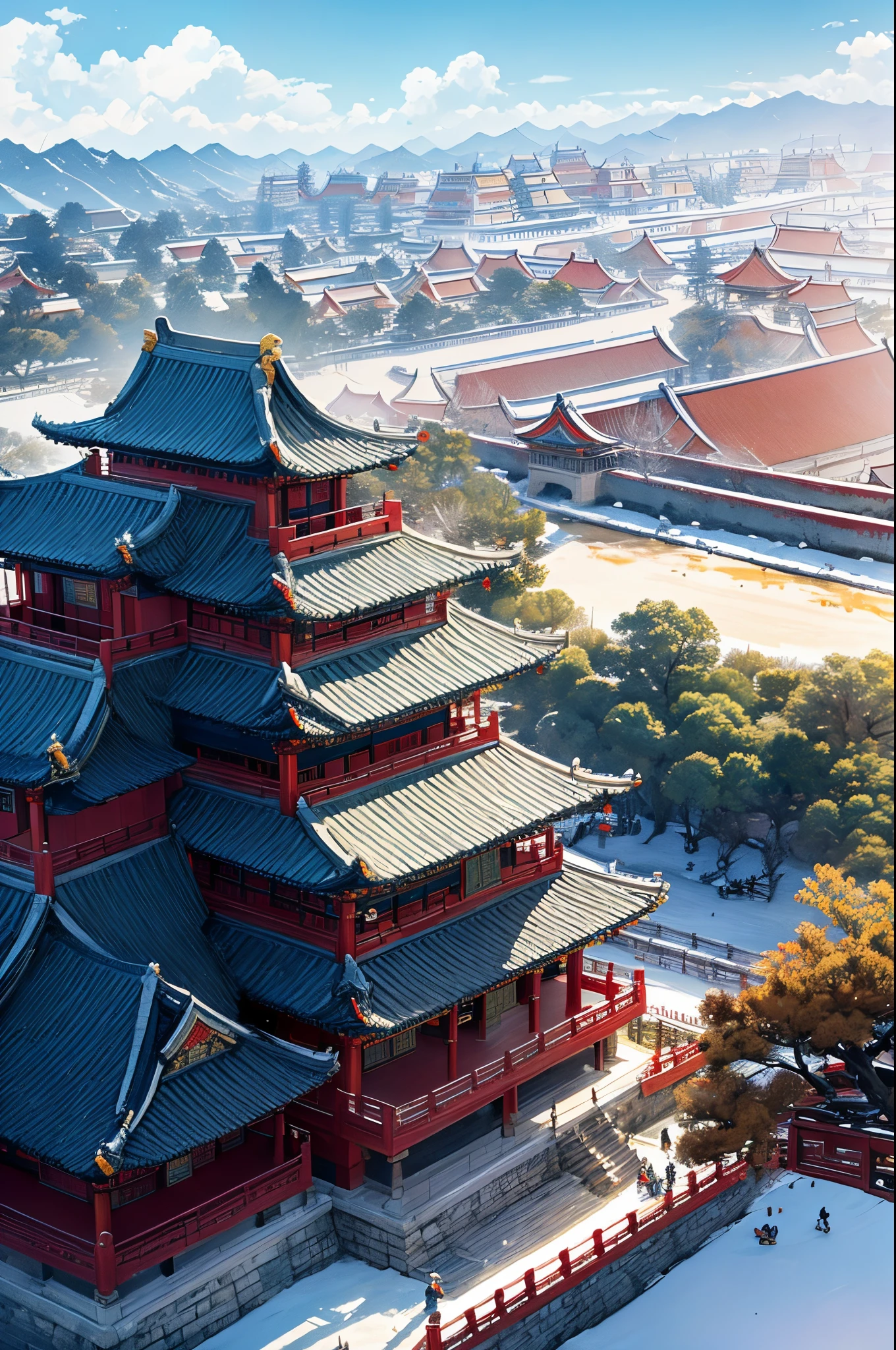 dark stormy clouds,Covered with snow,Rizhao Jinshan,The top of the mountain looks down on all living beings,ancient buildings of China,Temple,Maple Grove,Shakyamuni imagined,High detail,lightand shade contrast,hyper HD,tmasterpiece,winning artwork,Best quality at best,A high resolution,16k